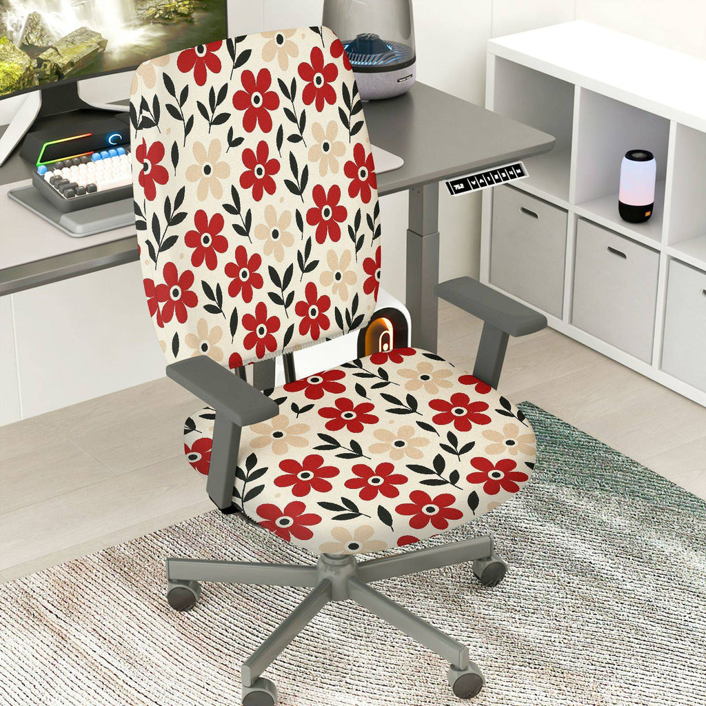 2-Piece Floral Red Beige Black Pattern  Computer Chair Cover Set, Seat and Backrest
