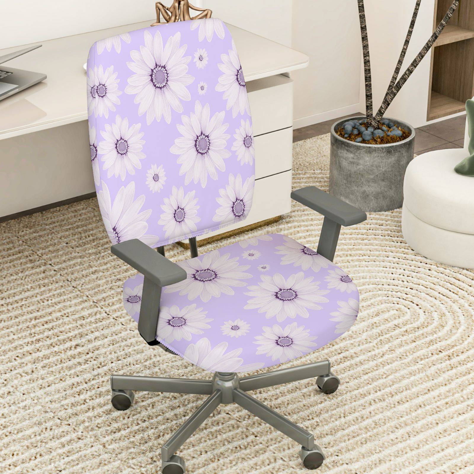 2-Piece Floral Purple Daisy Pattern  Computer Chair Cover Set, Seat and Backrest