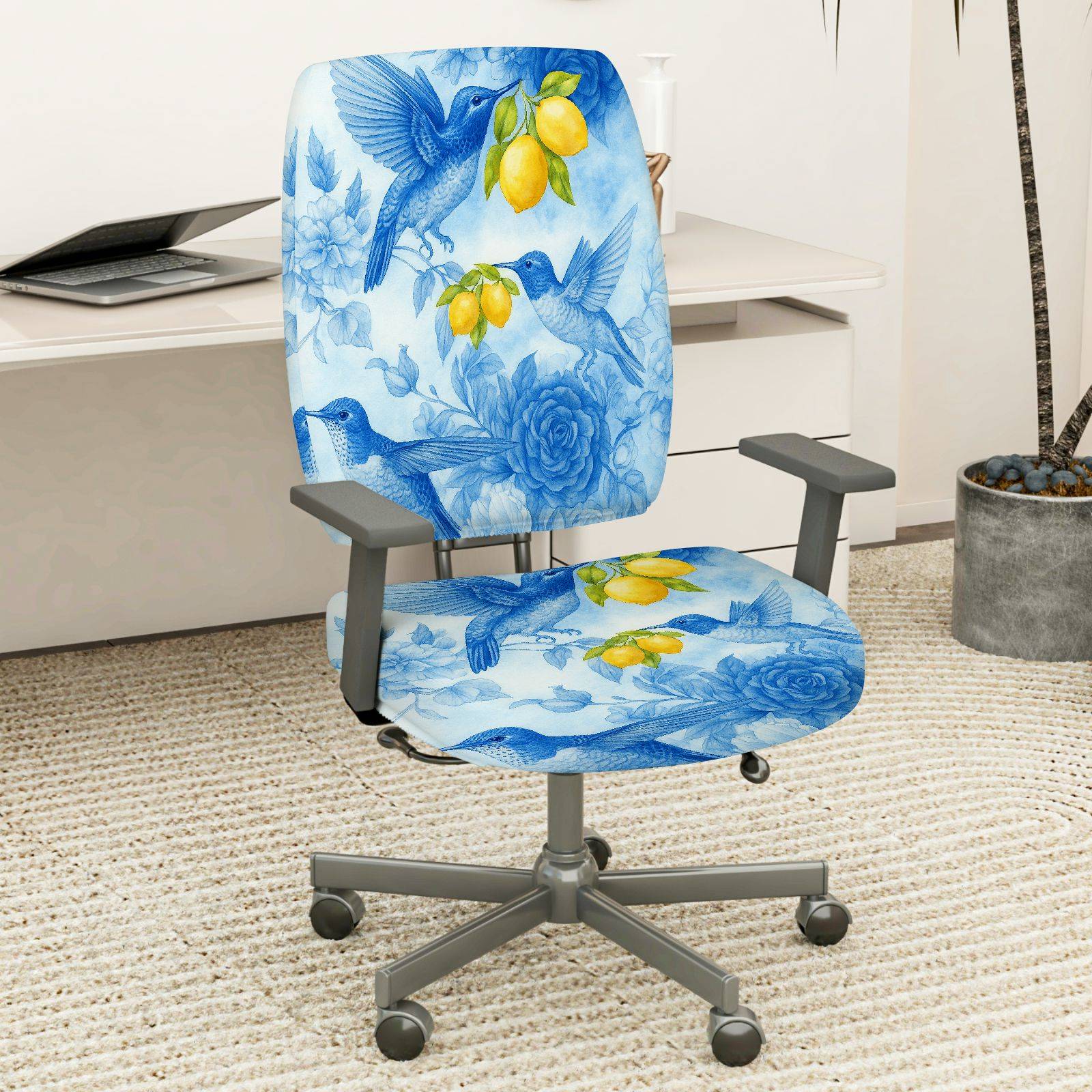 2-Piece Hummingbird Floral Lemon Nature Blue  Computer Chair Cover Set, Seat and Backrest