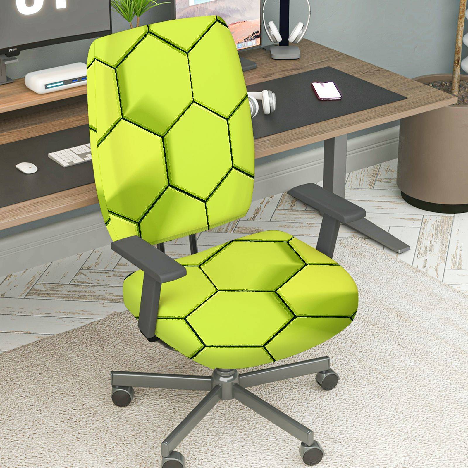 2-Piece Geometric Hexagon Pattern Green Modern Stylish  Computer Chair Cover Set, Seat and Backrest