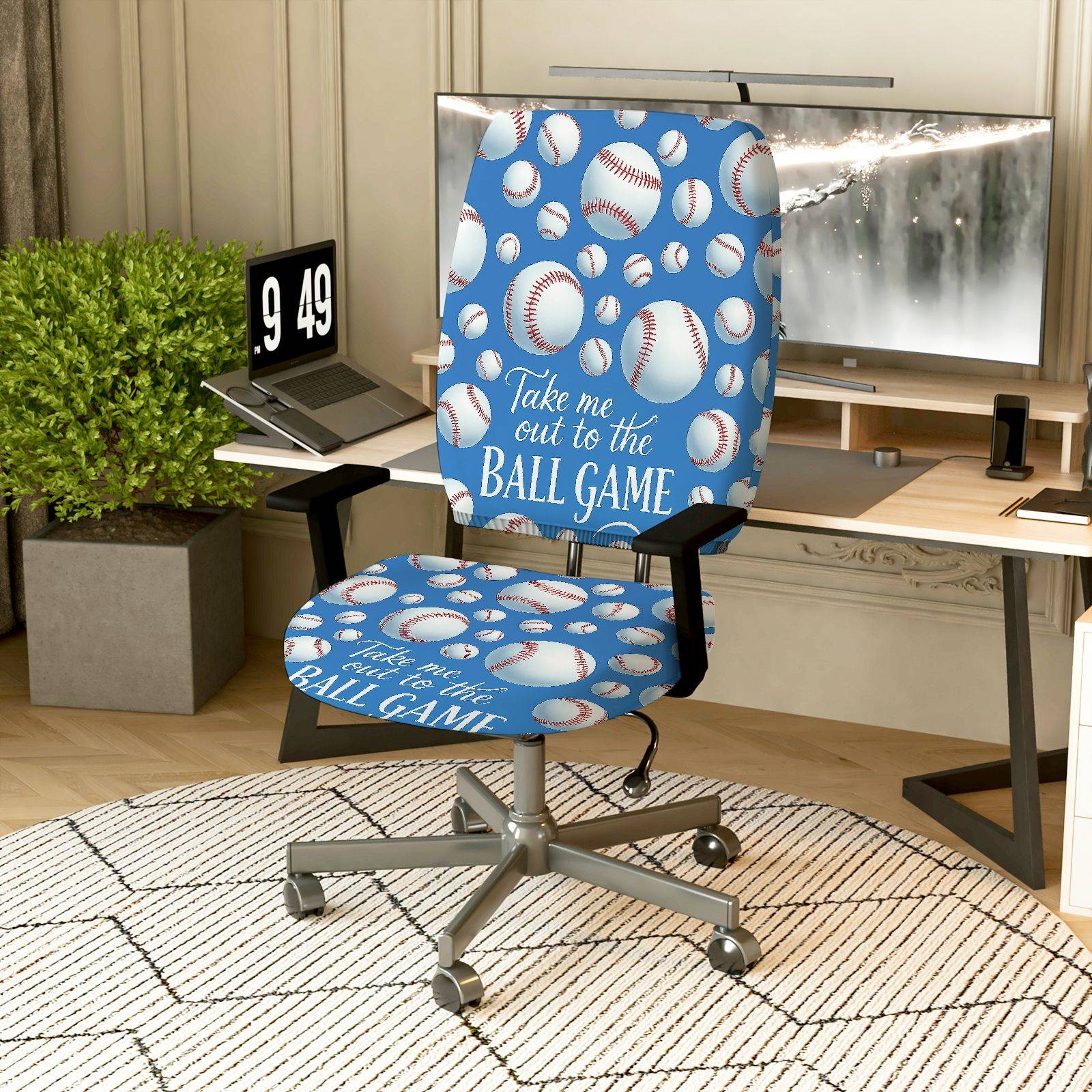 2-Piece Baseball Game Sports Theme Blue Pattern  Computer Chair Cover Set, Seat and Backrest