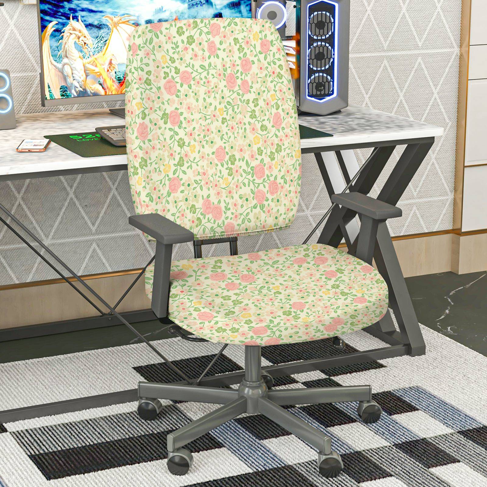 2-Piece Floral Pattern Rose Print Garden Style Flower  Computer Chair Cover Set, Seat and Backrest