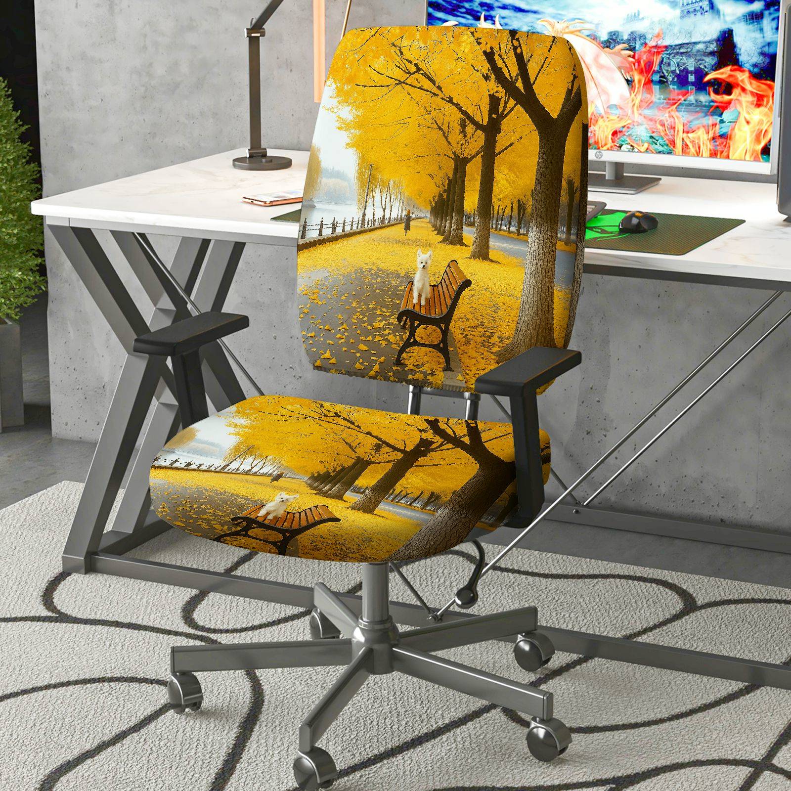 2-Piece Autumn Forest Yellow Tree Dog Theme  Computer Chair Cover Set, Seat and Backrest