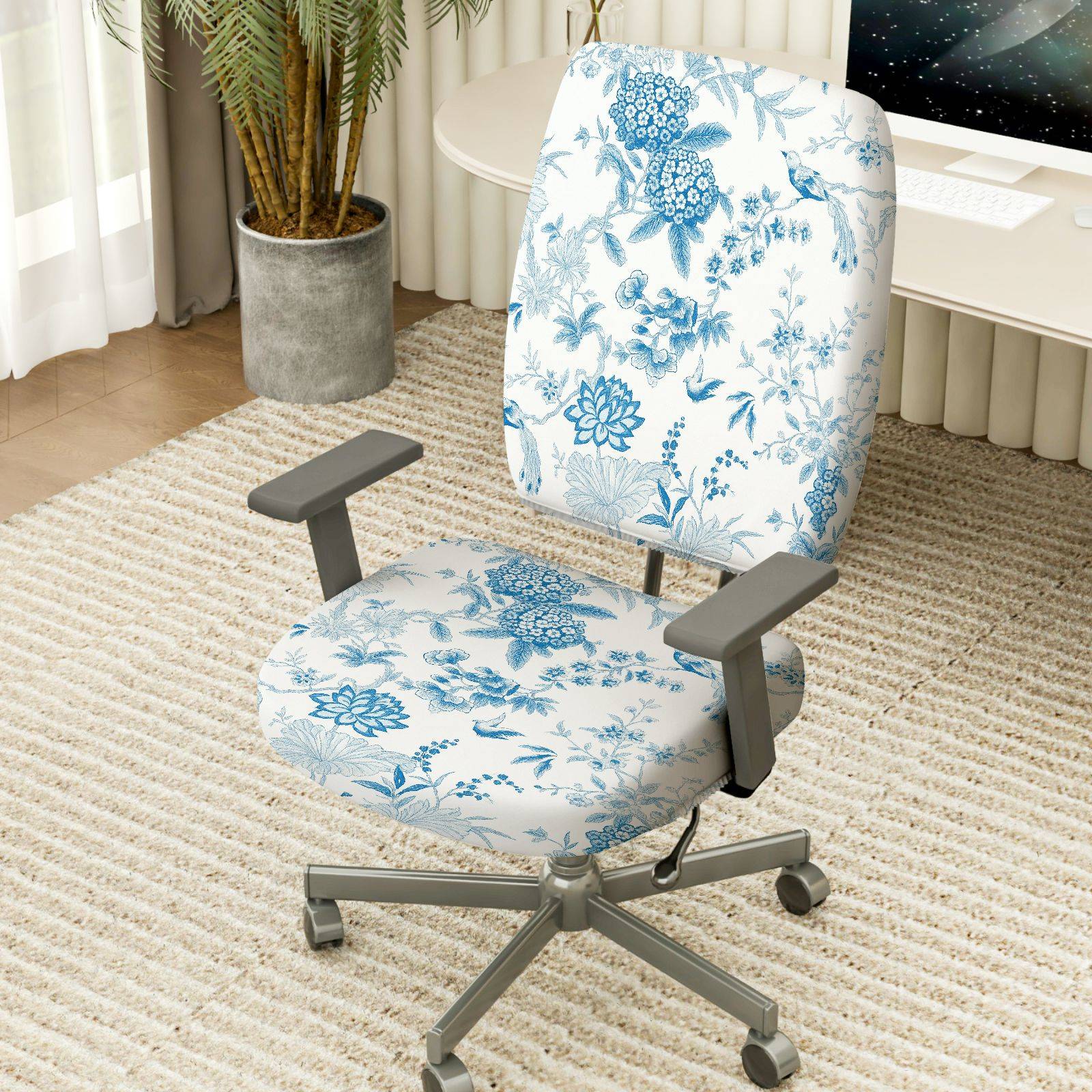 2-Piece Floral Bird Print Nature Blue White  Computer Chair Cover Set, Seat and Backrest