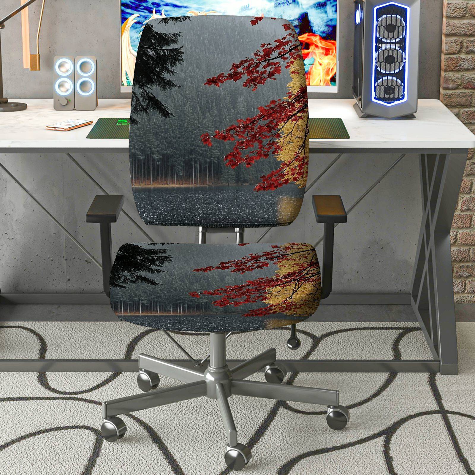 2-Piece Autumn Tree Forest Landscape  Computer Chair Cover Set, Seat and Backrest