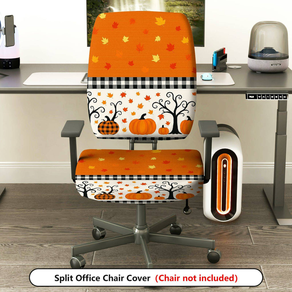 2-Piece Autumn Halloween Pumpkin Leaf Checkered  Computer Chair Cover Set, Seat and Backrest
