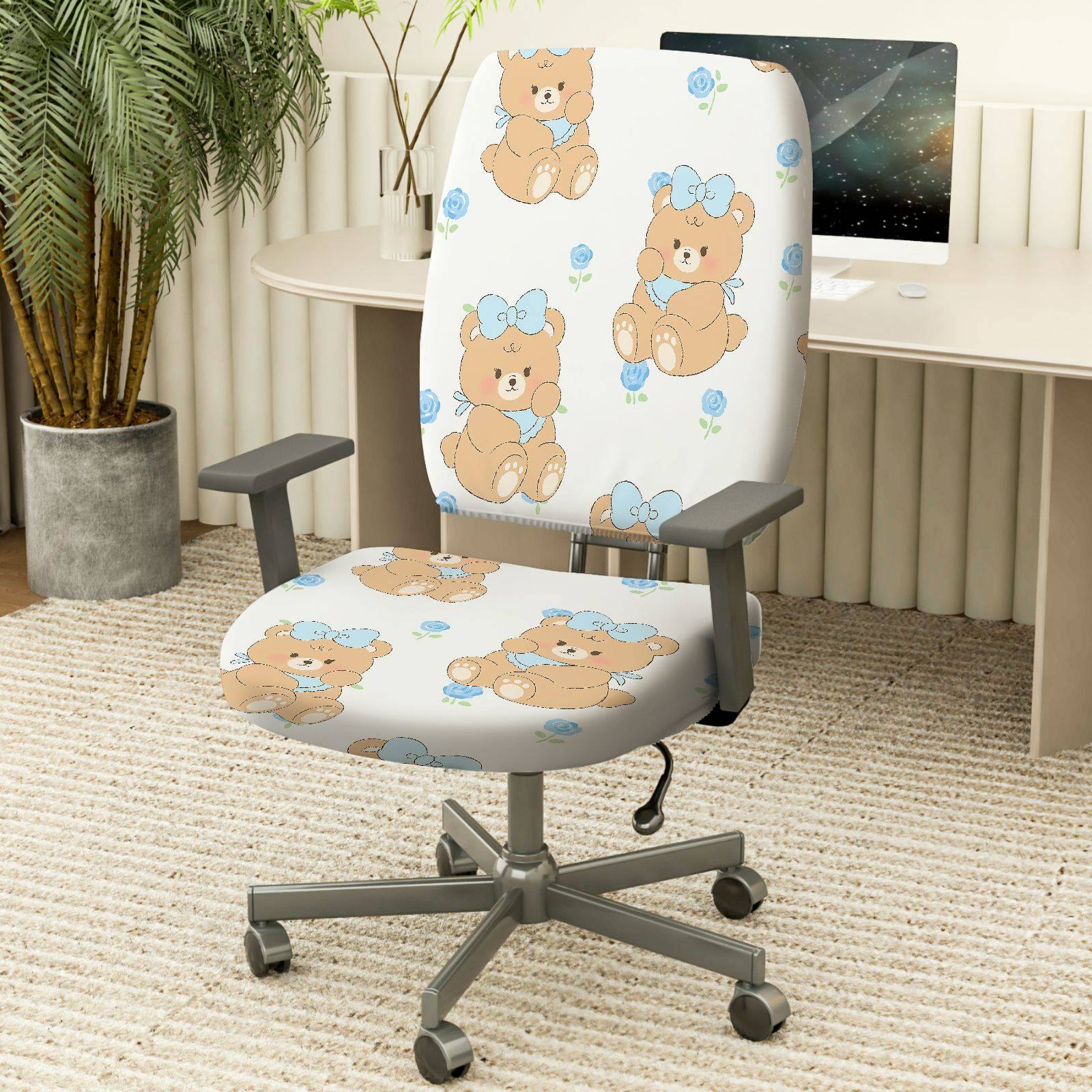 2-Piece Cute Bear Floral Decorative  Computer Chair Cover Set, Seat and Backrest
