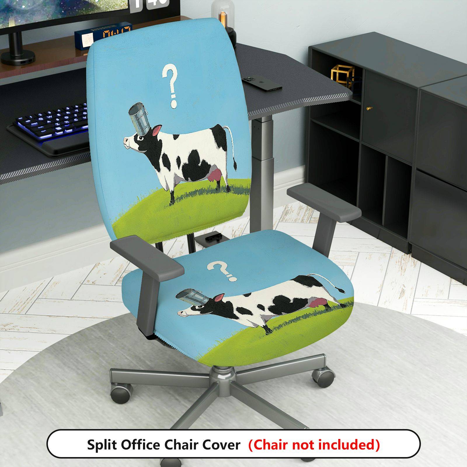 2-Piece Funny Cow Design Printed Animal  Computer Chair Cover Set, Seat and Backrest