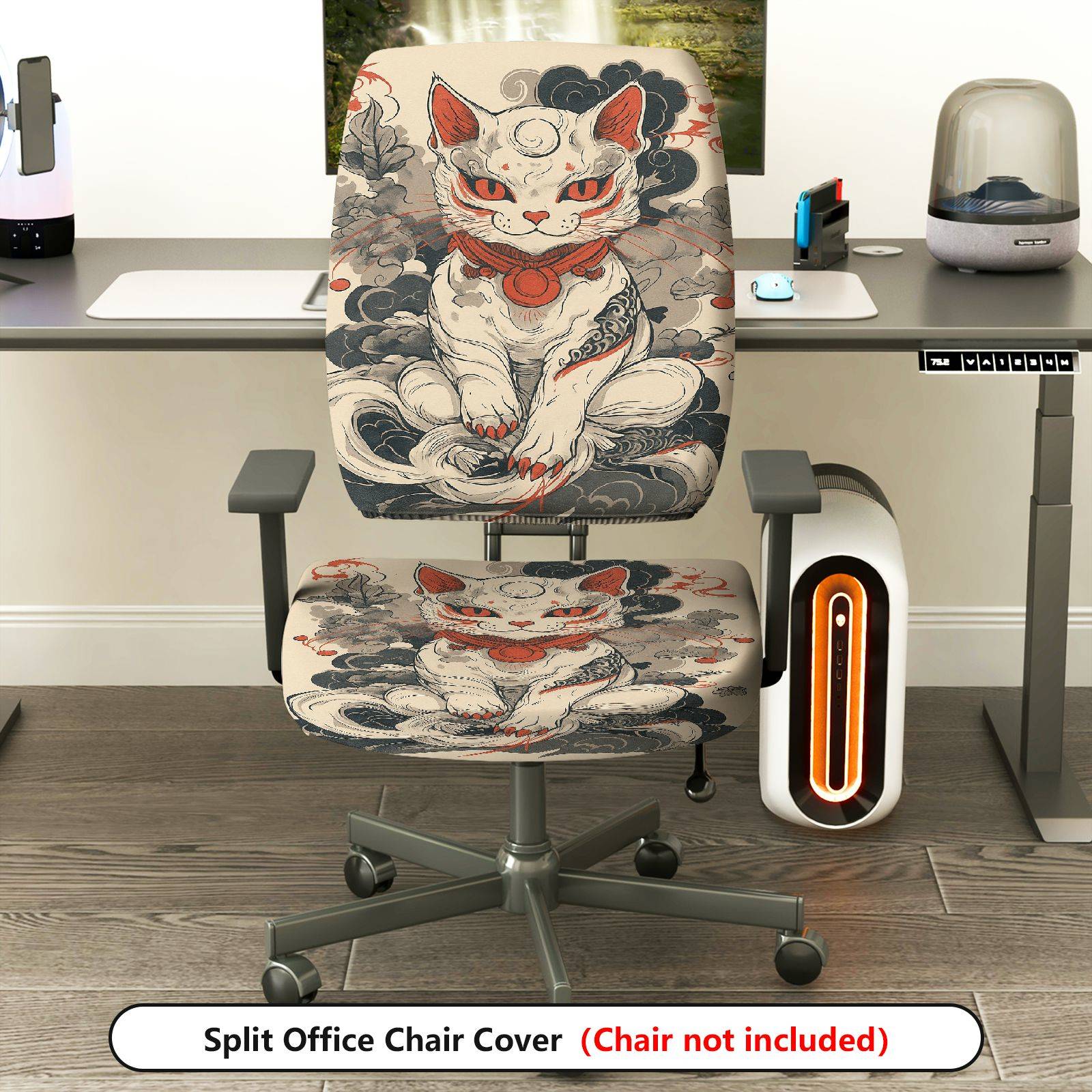 2-Piece Artistic Cat Oriental Style Mystical Abstract  Computer Chair Cover Set, Seat and Backrest