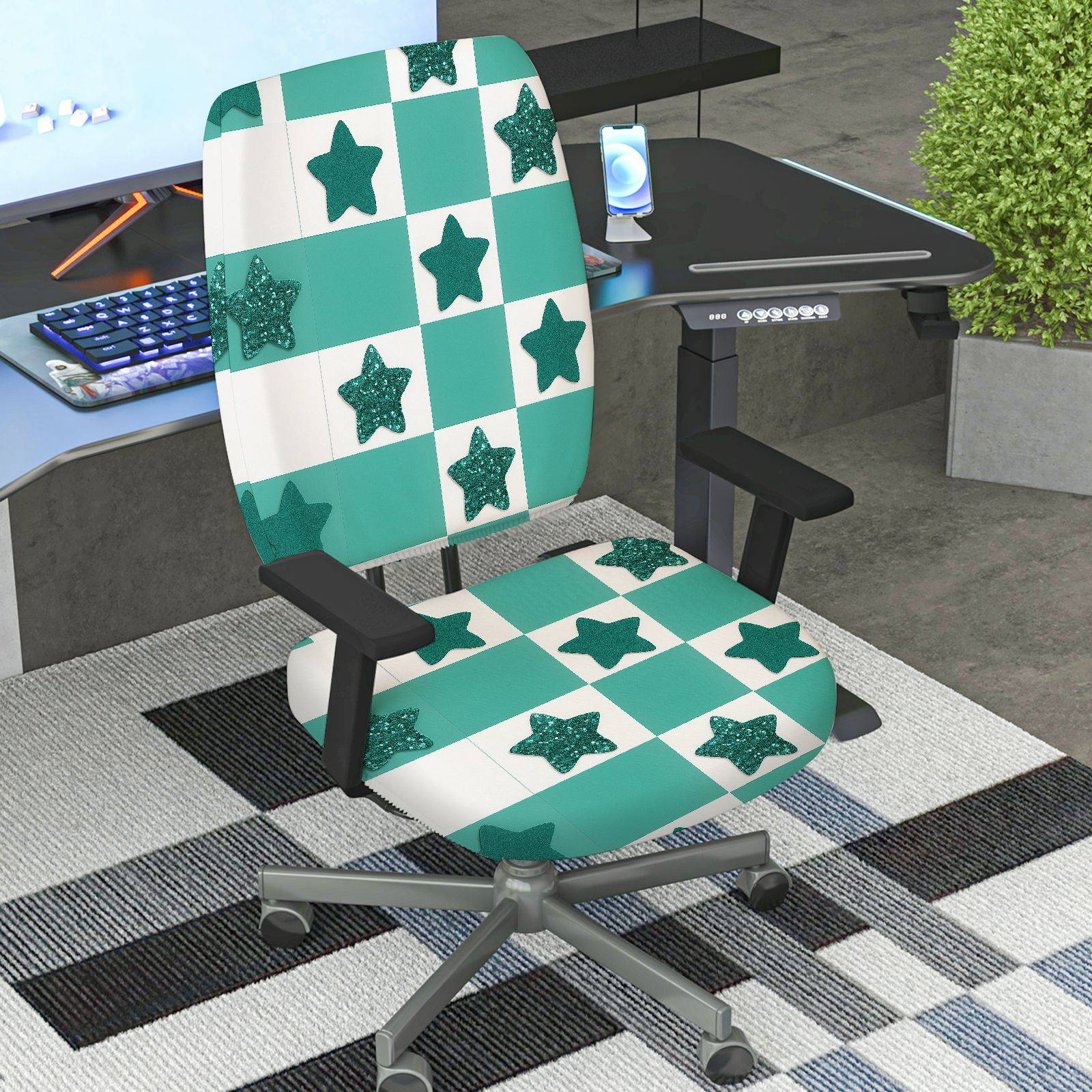 2-Piece Aesthetic Checkered Star Glitter Geometric  Computer Chair Cover Set, Seat and Backrest