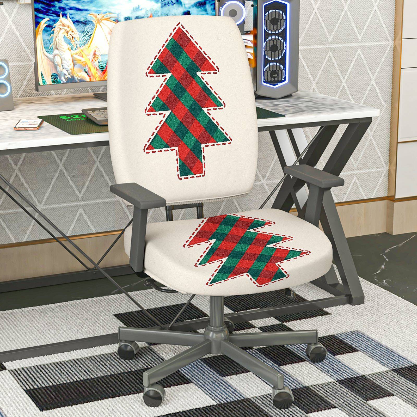 2-Piece Christmas plaid tree pattern holiday decoration  Computer Chair Cover Set, Seat and Backrest