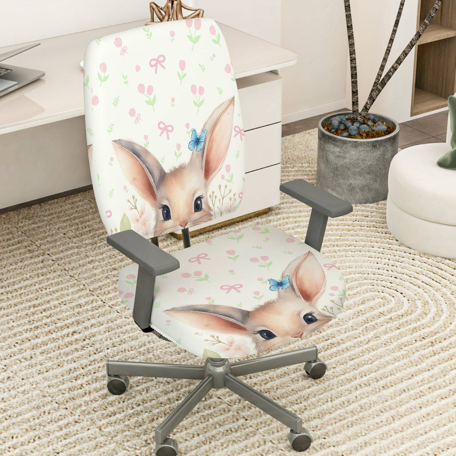 2-Piece Cute Bunny Floral Pattern Spring Easter  Computer Chair Cover Set, Seat and Backrest