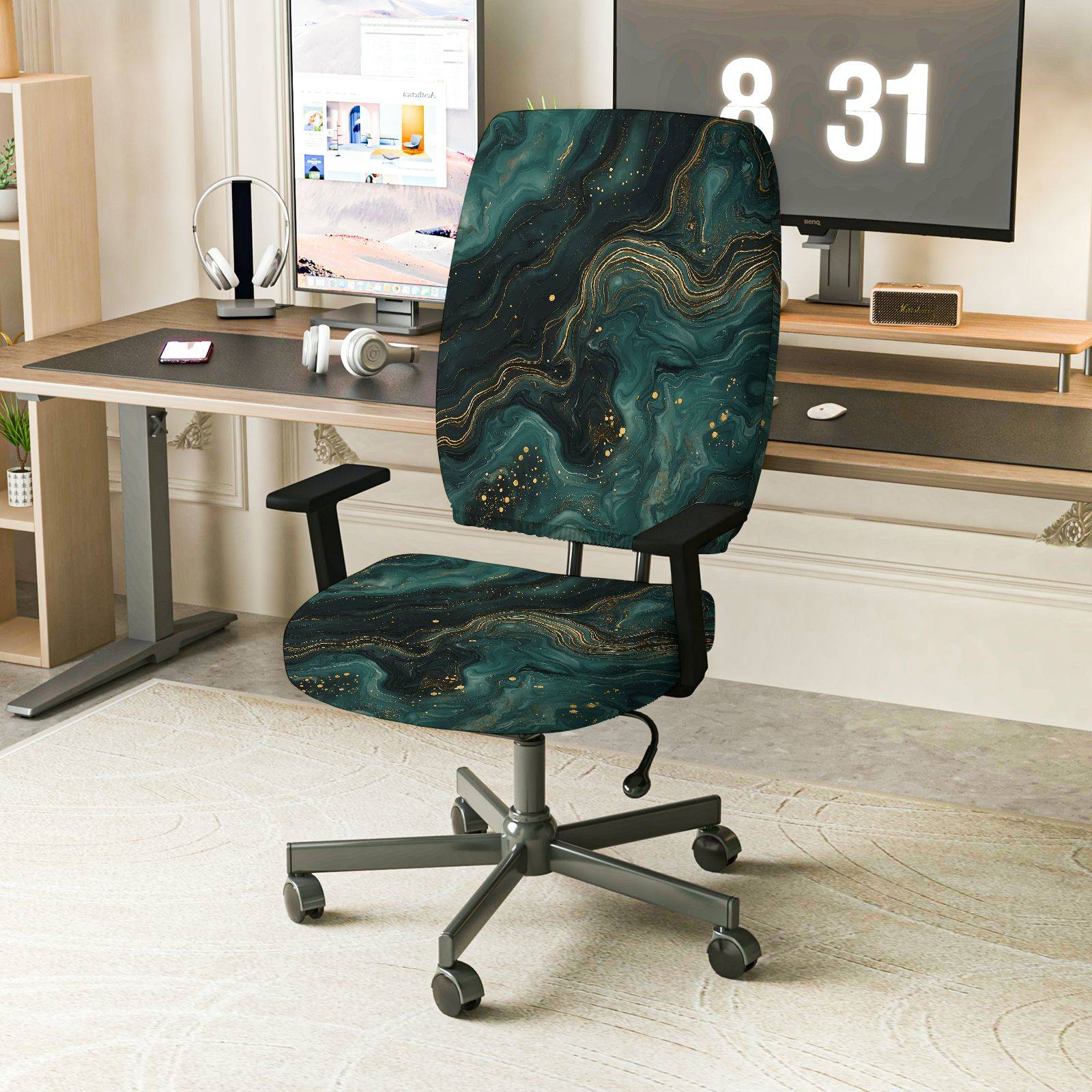 2-Piece Abstract Marble Gold Green Swirl Hypnotic  Computer Chair Cover Set, Seat and Backrest