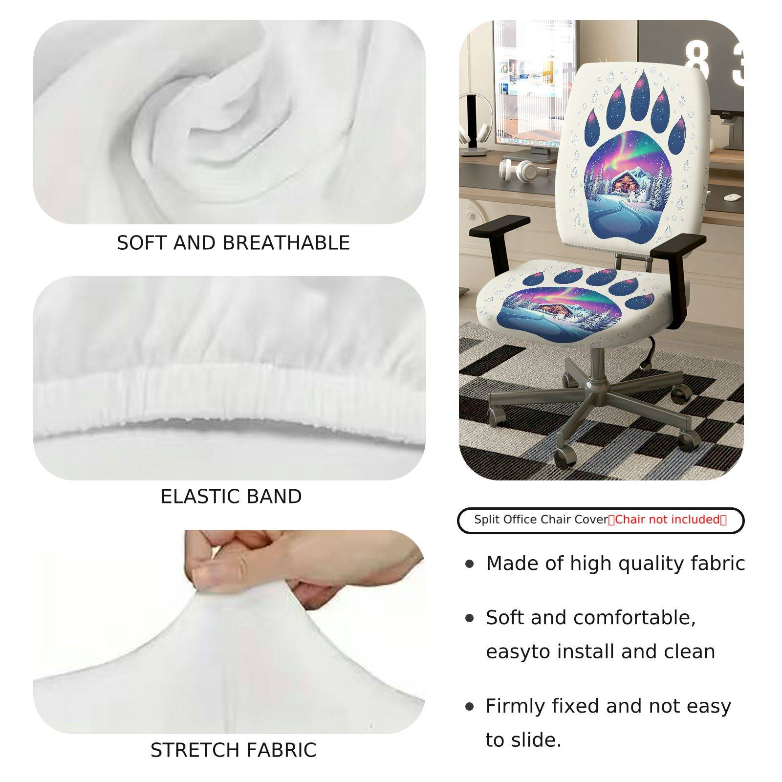 2-Piece Aurora Winter Cabin Snowflake Paw  Computer Chair Cover Set, Seat and Backrest