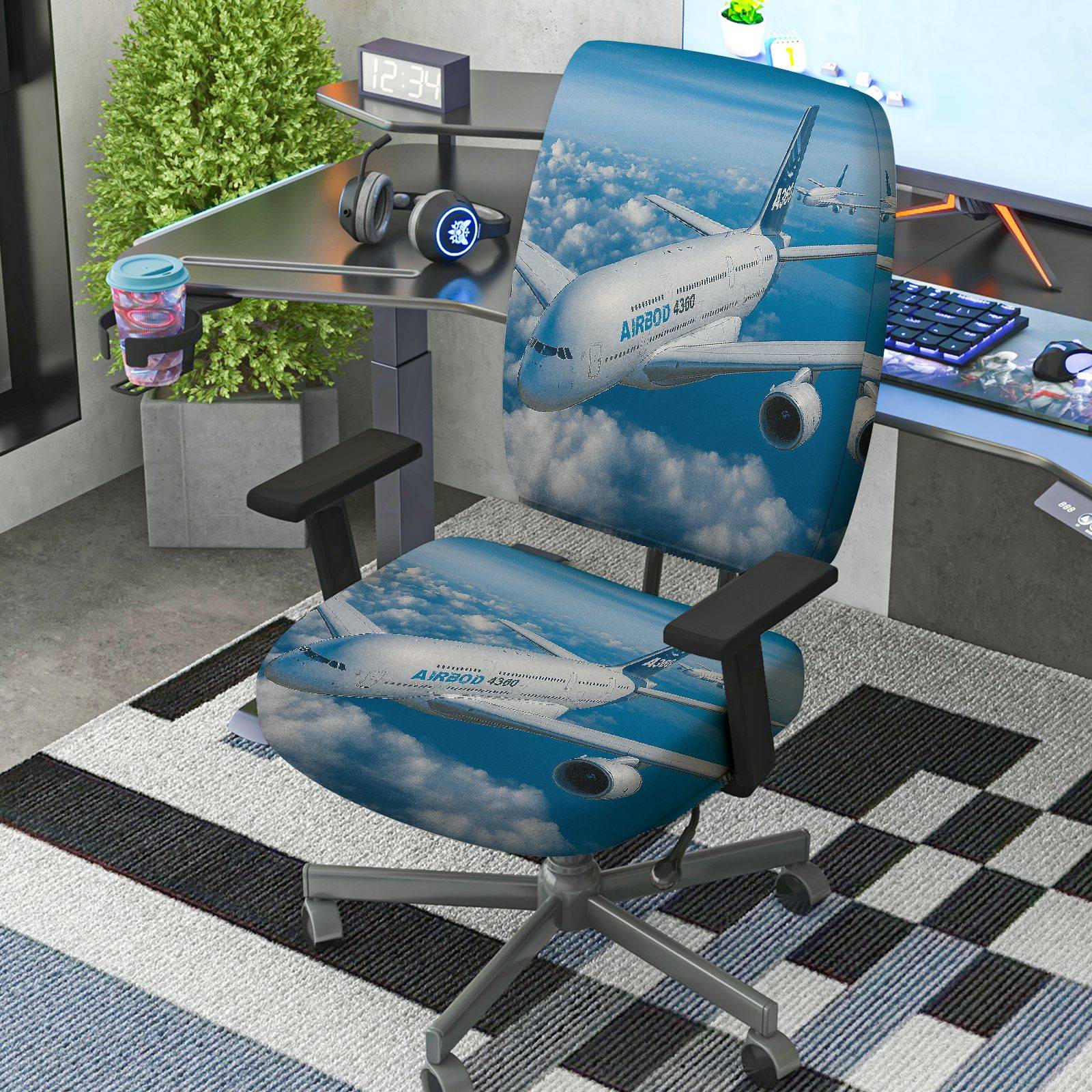 2-Piece Airplane Sky Clouds Travel Aviation  Computer Chair Cover Set, Seat and Backrest