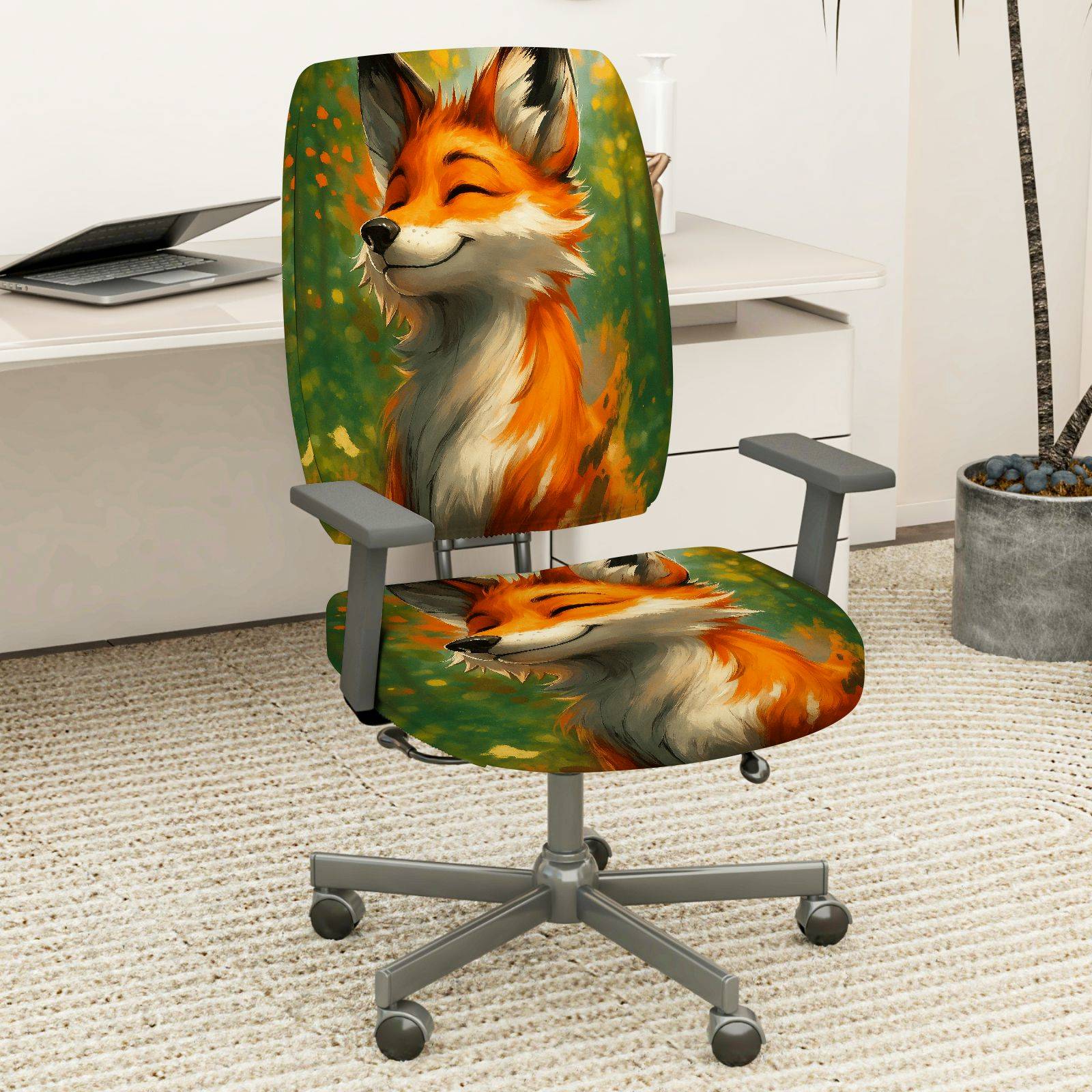 2-Piece Cute Fox Animal Art  Computer Chair Cover Set, Seat and Backrest