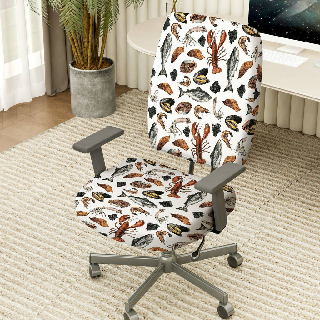 2-Piece Seafood Pattern Marine Theme Ocean Animal Coastal Style Nautical Design  Computer Chair Cover Set, Seat and Backrest