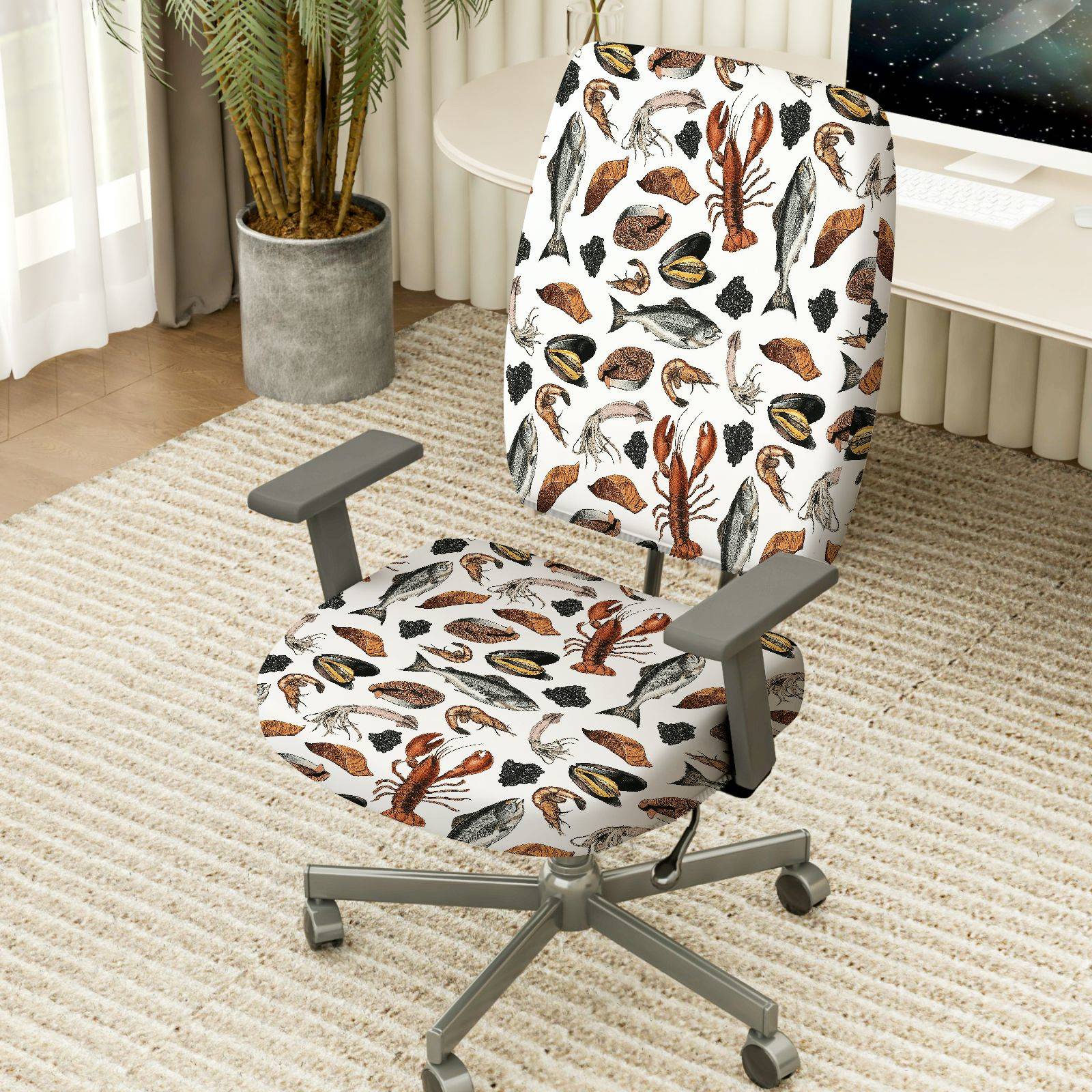 2-Piece Seafood Pattern Marine Theme Ocean Animal Coastal Style Nautical Design  Computer Chair Cover Set, Seat and Backrest