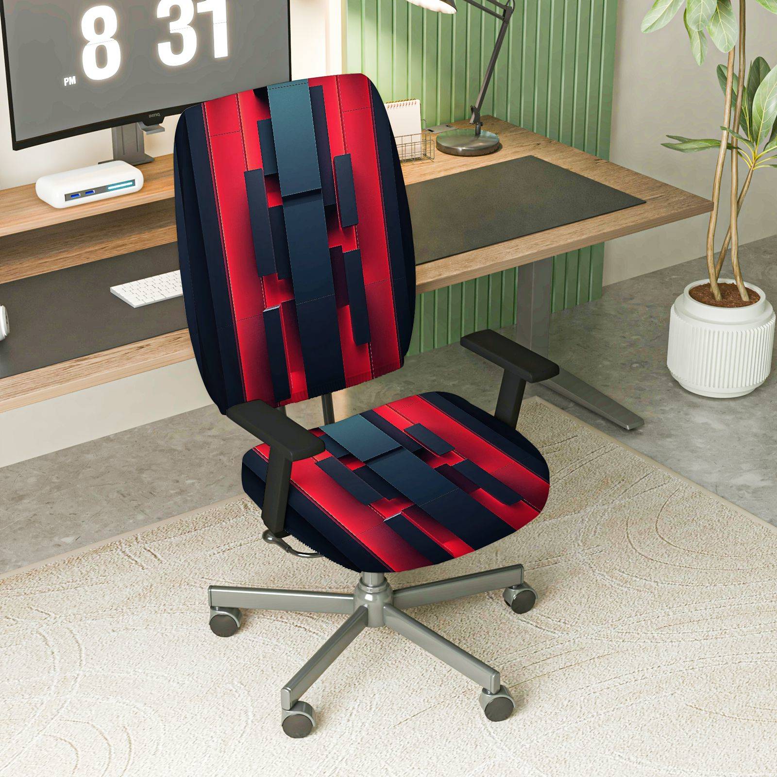 2-Piece Modern Geometric Red Black Stylish  Computer Chair Cover Set, Seat and Backrest