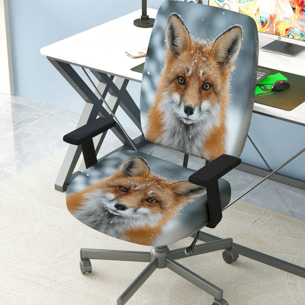 2-Piece Animal Nature Fox Snow Winter  Computer Chair Cover Set, Seat and Backrest