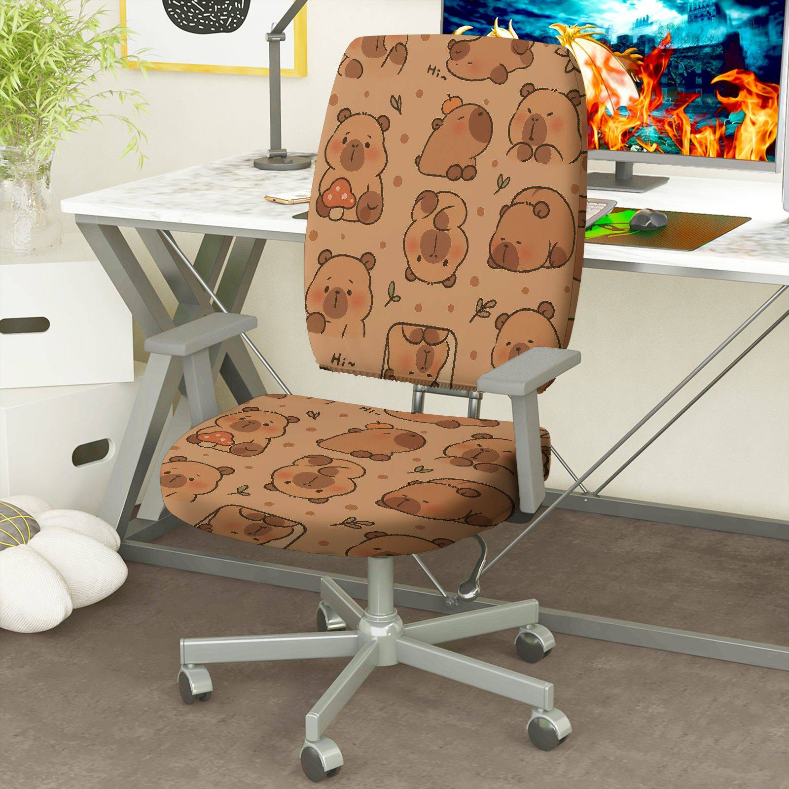 2-Piece Animal Bear Pattern Printed  Computer Chair Cover Set, Seat and Backrest