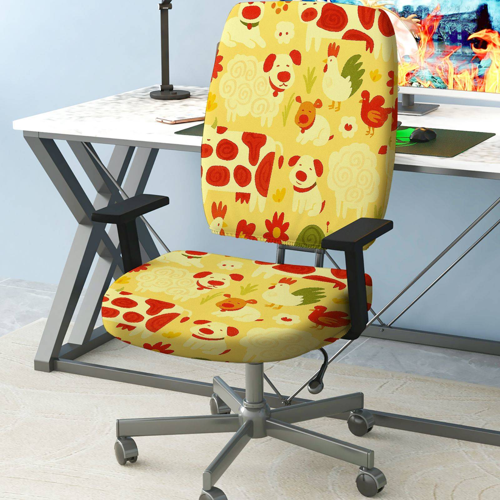 2-Piece Animal Pattern Farm Style Yellow Colorful  Computer Chair Cover Set, Seat and Backrest