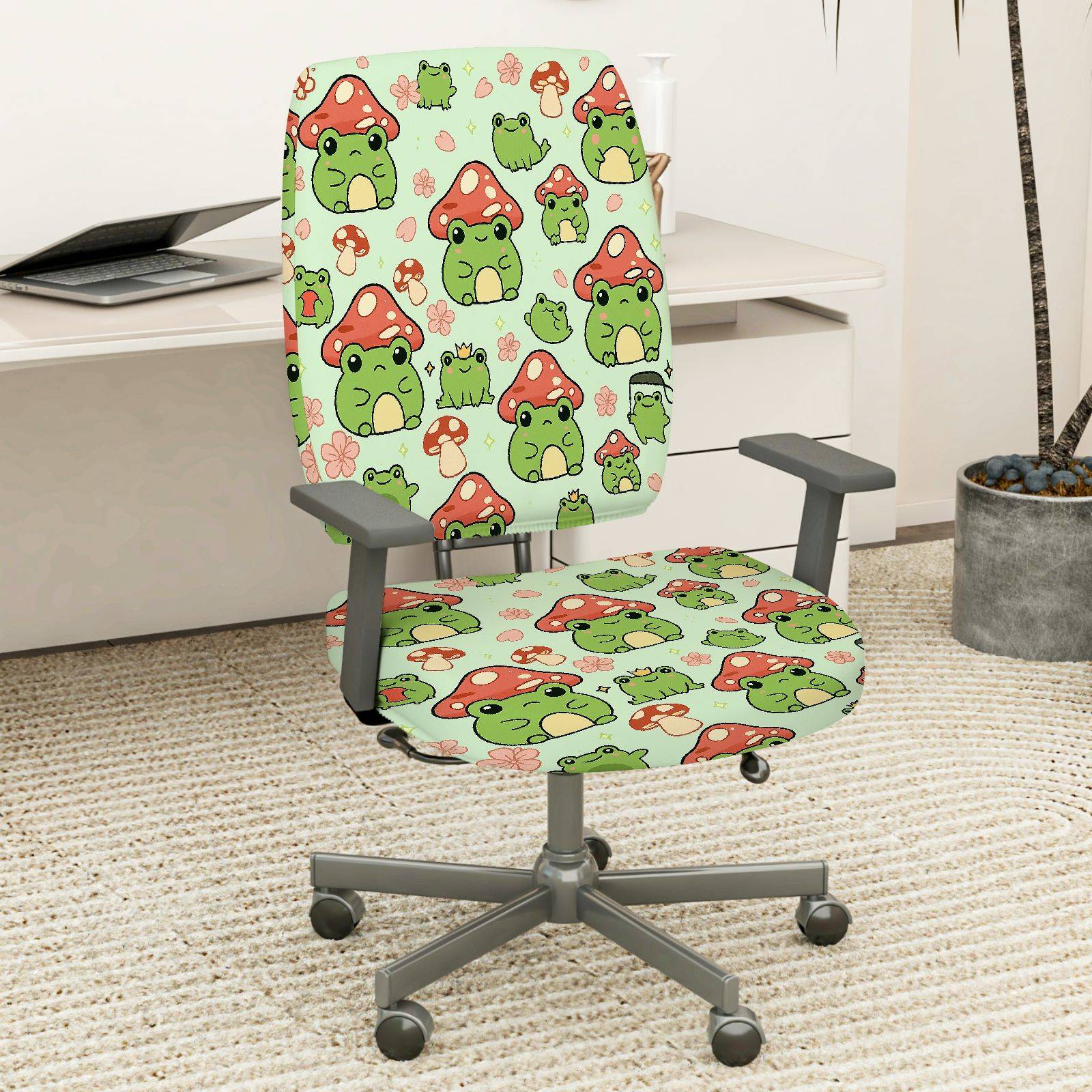 2-Piece Frog Mushroom Cute Green Animals  Computer Chair Cover Set, Seat and Backrest