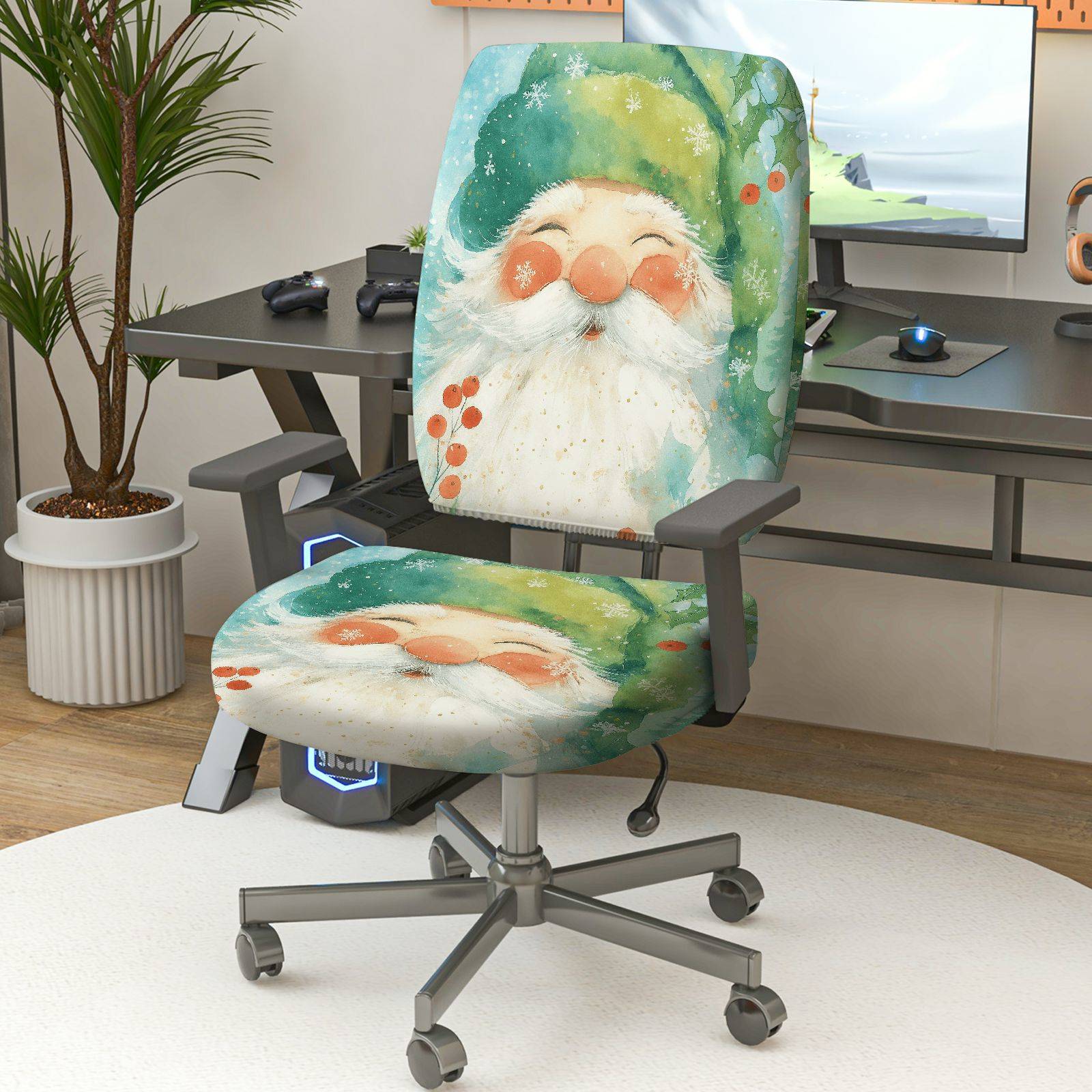 2-Piece Christmas Winter Santa Claus Snowflakes Festive Decorative  Computer Chair Cover Set, Seat and Backrest