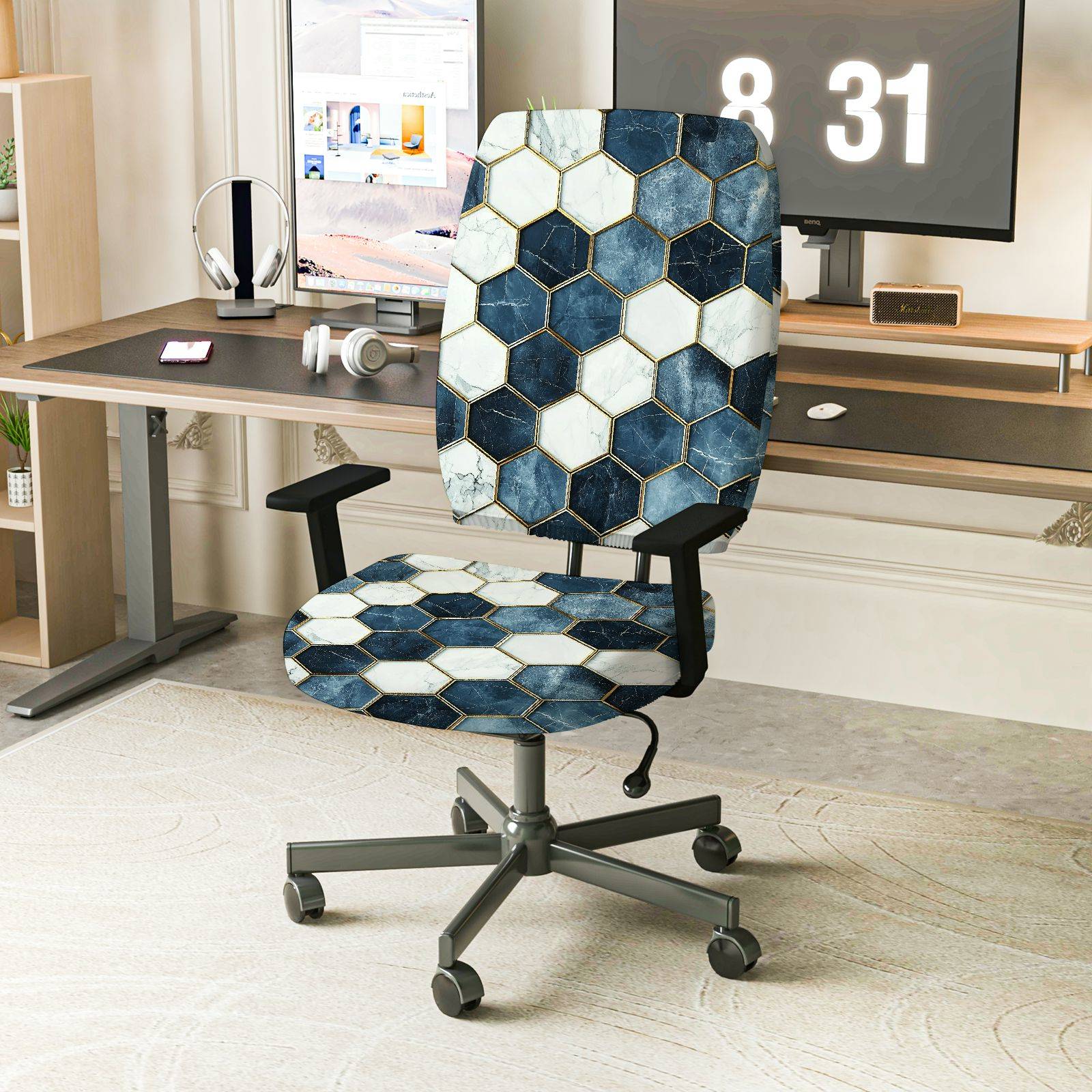 2-Piece Hexagon Geometric Modern Stylish  Computer Chair Cover Set, Seat and Backrest
