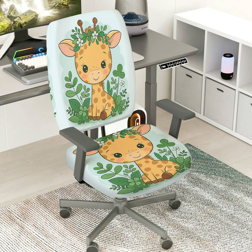 2-Piece Cute Giraffe Animal Jungle Pattern Greenery  Computer Chair Cover Set, Seat and Backrest