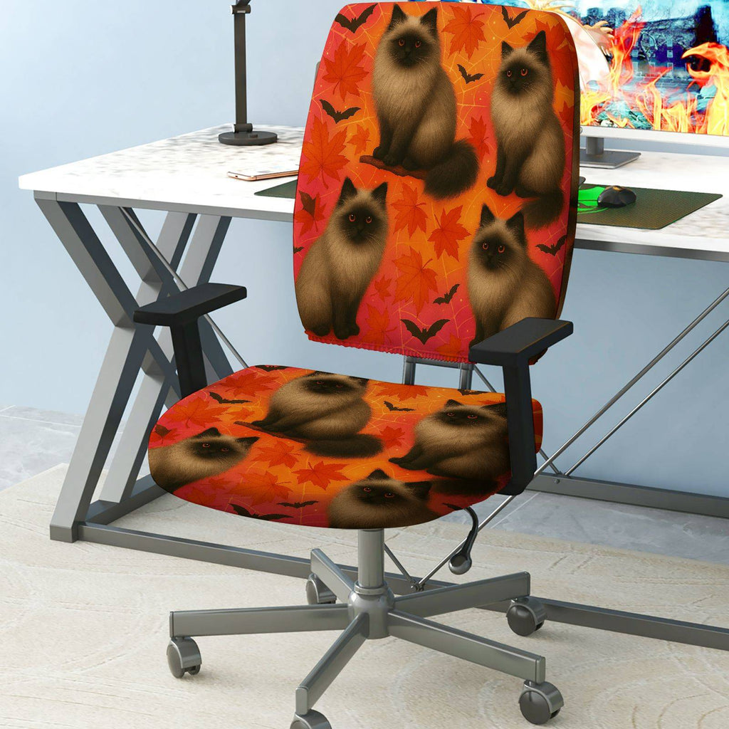 2-Piece Autumn Cat Halloween Bat Leaf  Computer Chair Cover Set, Seat and Backrest