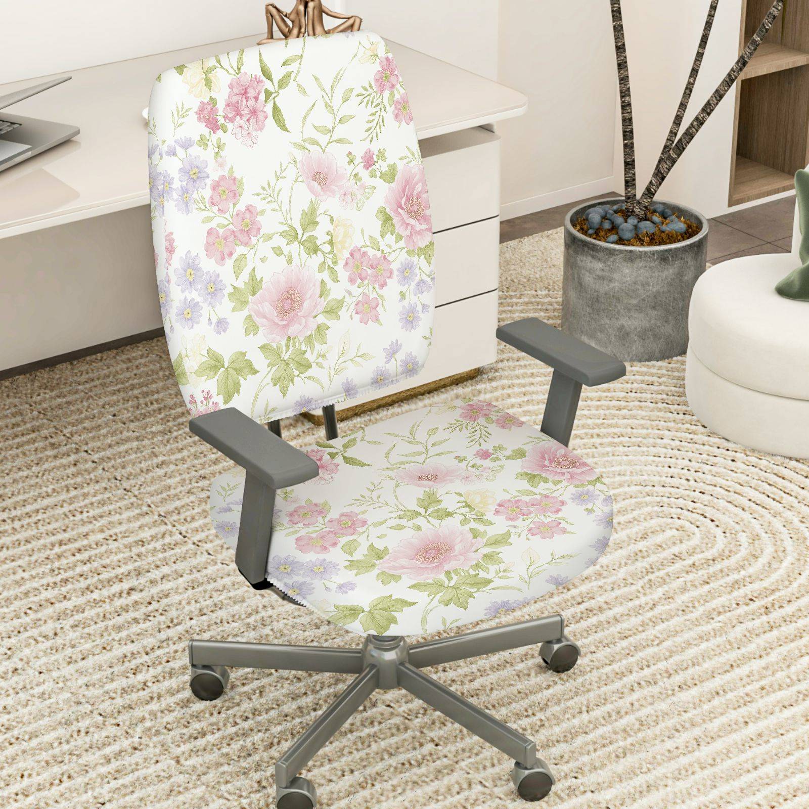 2-Piece Floral Pastel Botanical Spring Garden Nature  Computer Chair Cover Set, Seat and Backrest