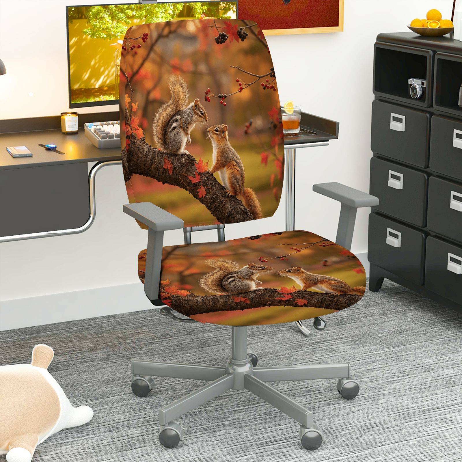 2-Piece Autumn Squirrel Woodland Nature Wildlife  Computer Chair Cover Set, Seat and Backrest