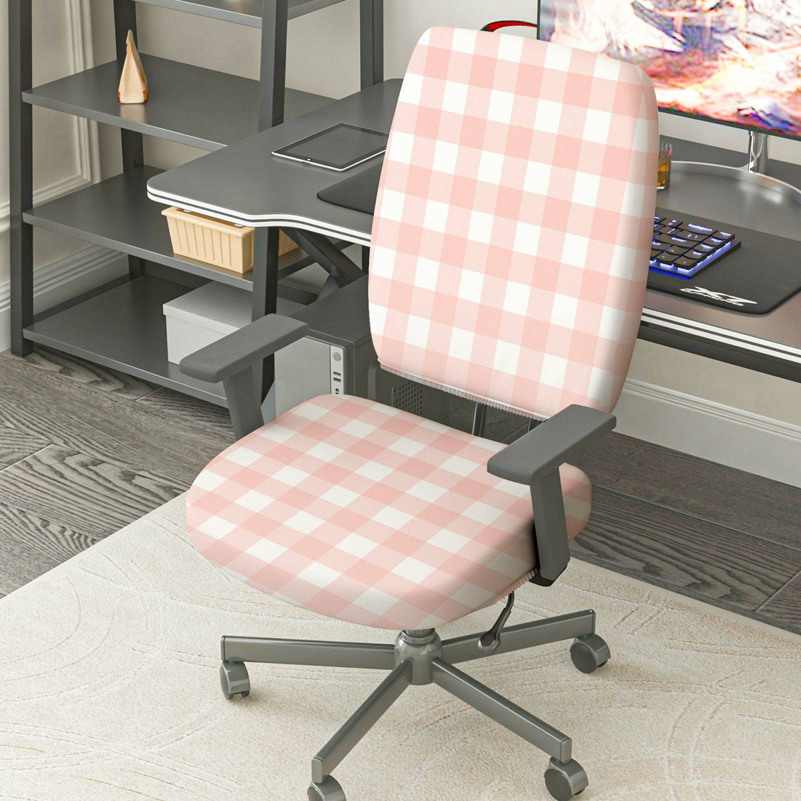 2-Piece Pink Plaid Checkered Pattern Modern  Computer Chair Cover Set, Seat and Backrest