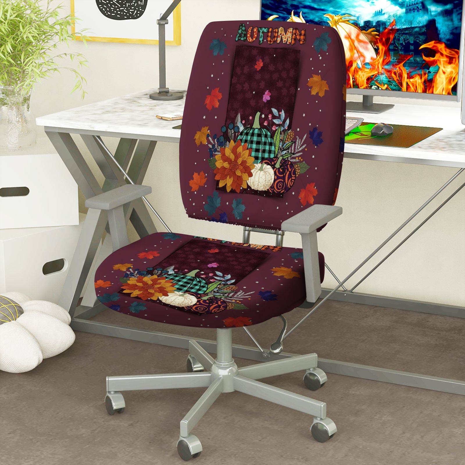 2-Piece Autumn Festive Leaves Pumpkin Thanksgiving  Computer Chair Cover Set, Seat and Backrest