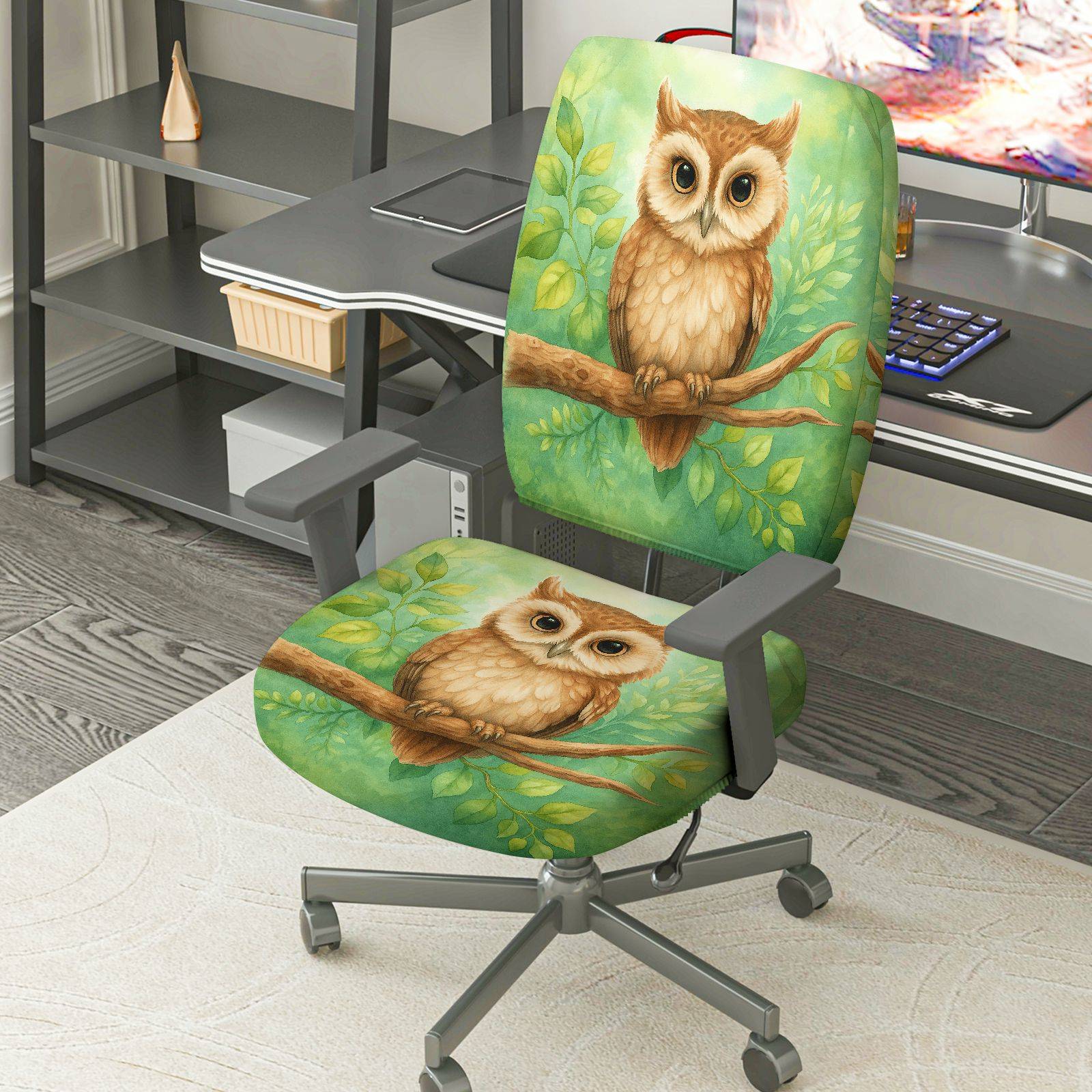 2-Piece Owl Nature Green Art Animal Forest  Computer Chair Cover Set, Seat and Backrest