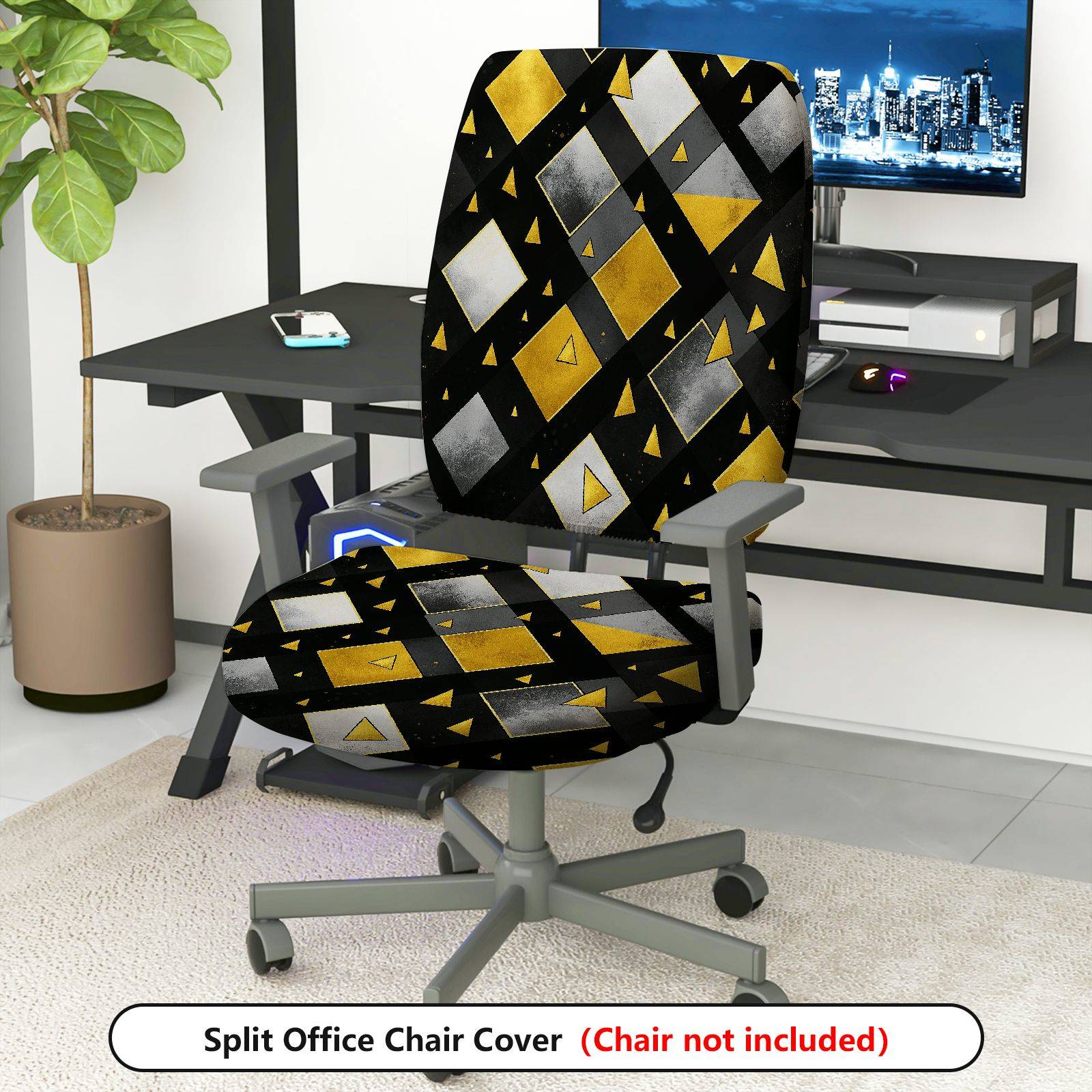 2-Piece Geometric Modern Pattern Black Gold Gray  Computer Chair Cover Set, Seat and Backrest