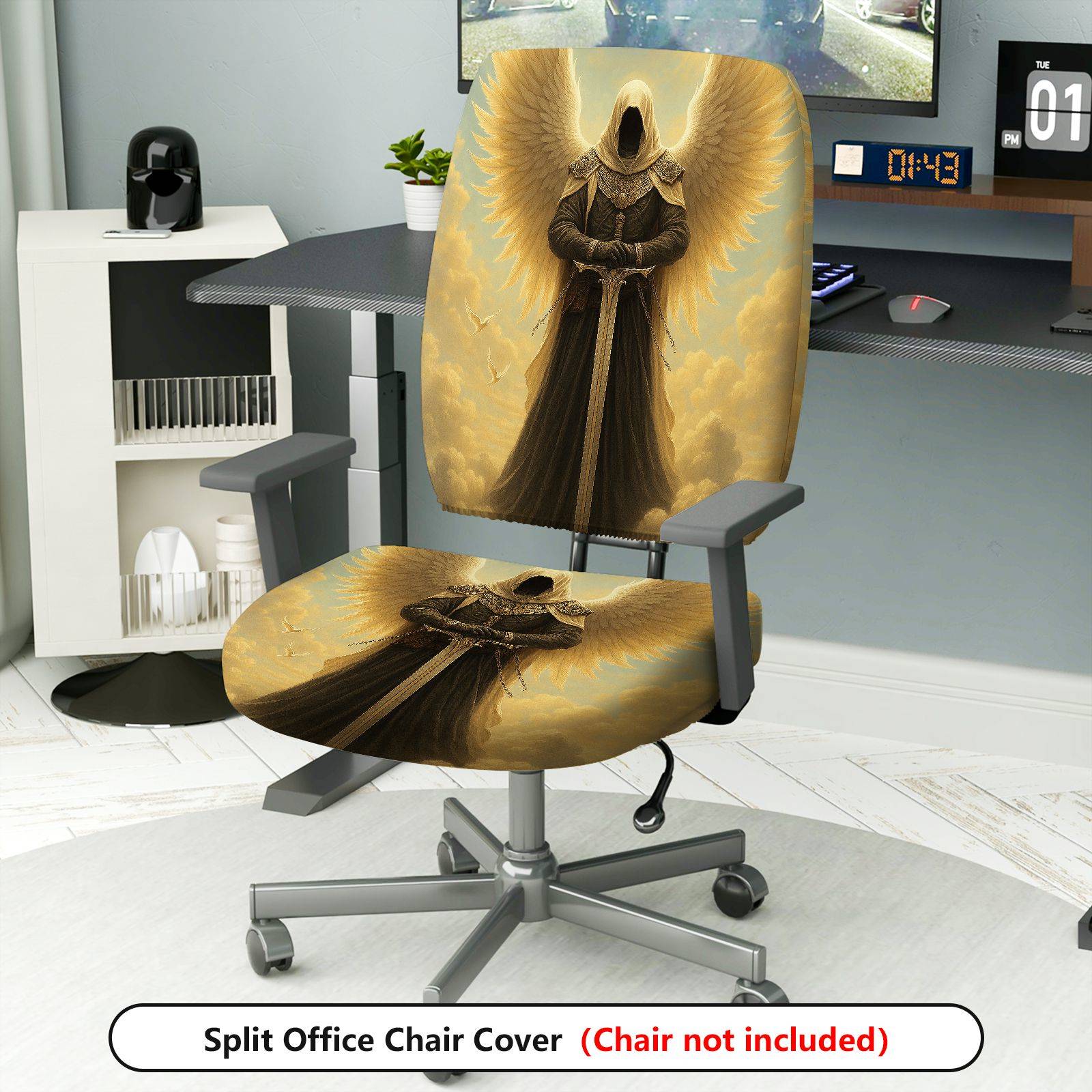 2-Piece Angel Warrior Wings Sword Fantasy Gothic  Computer Chair Cover Set, Seat and Backrest