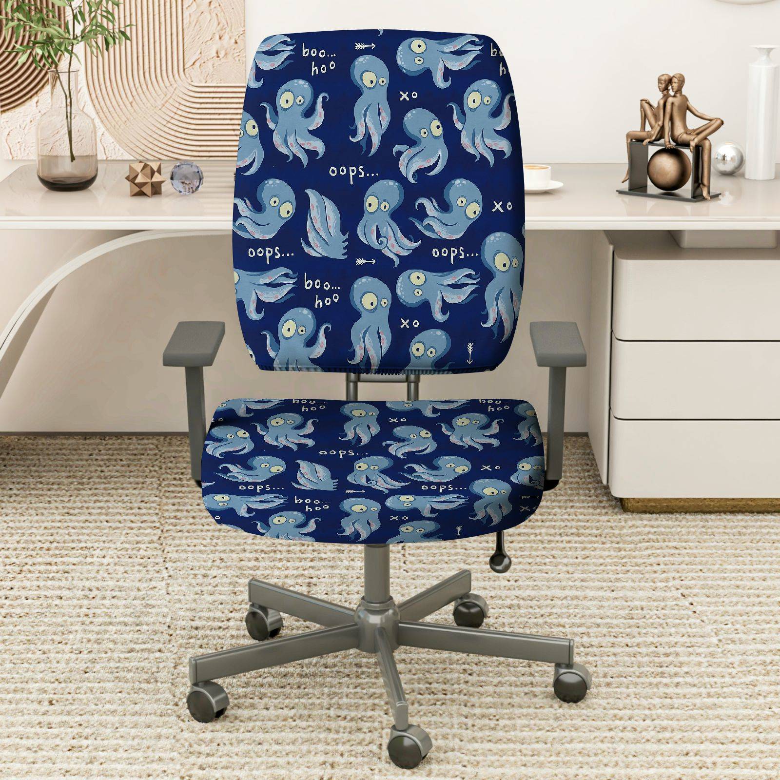 2-Piece Cute Funny Octopus Blue Animal  Computer Chair Cover Set, Seat and Backrest