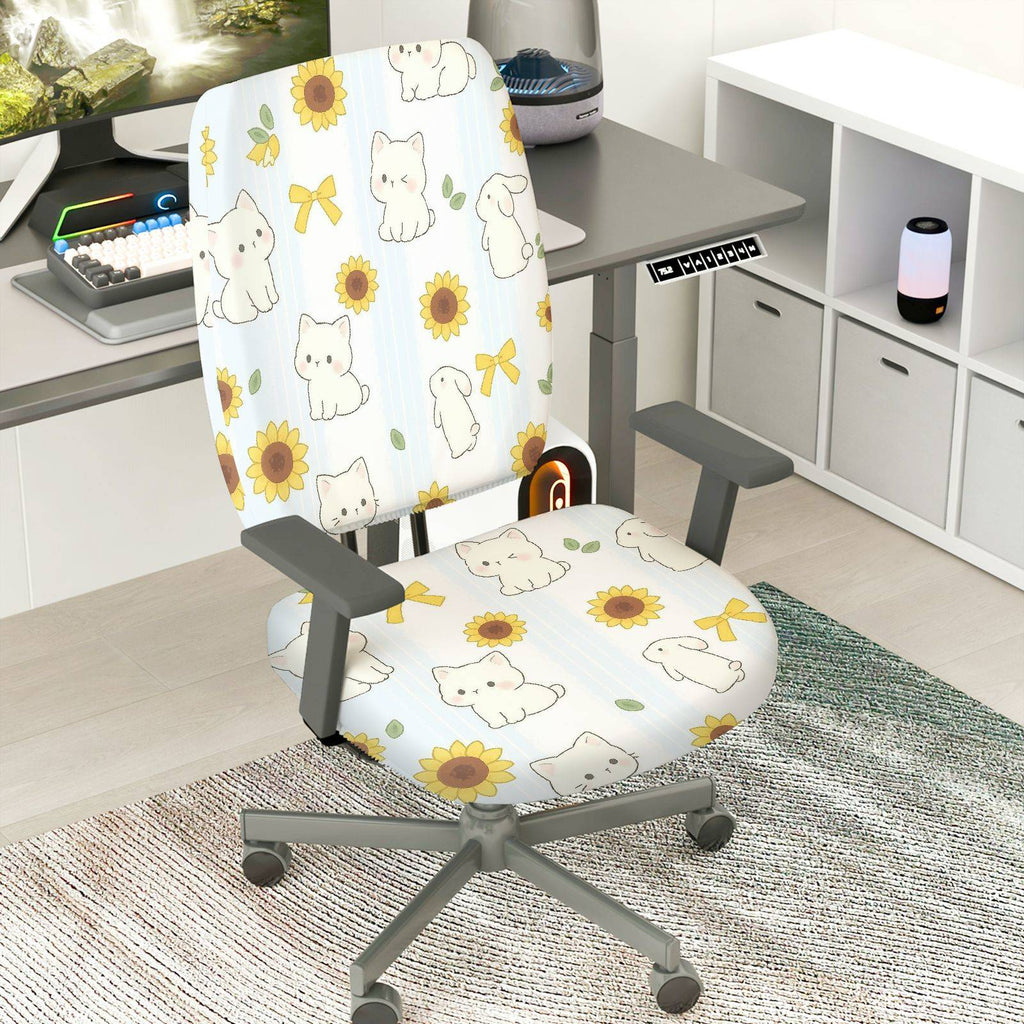 2-Piece Cute Sunflower Cat Bow Spring  Computer Chair Cover Set, Seat and Backrest