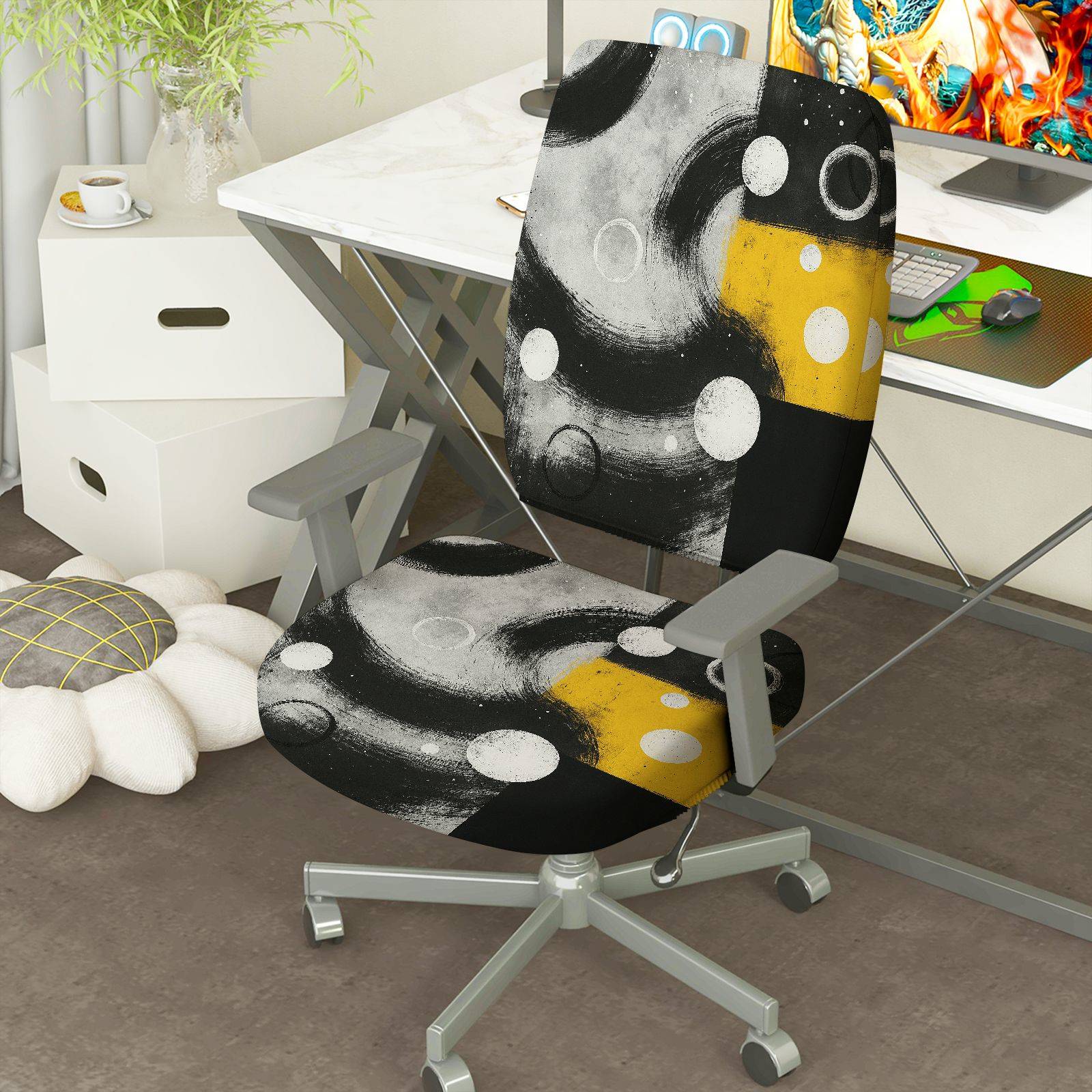 2-Piece Abstract Modern Artistic Moon Star Universe  Computer Chair Cover Set, Seat and Backrest