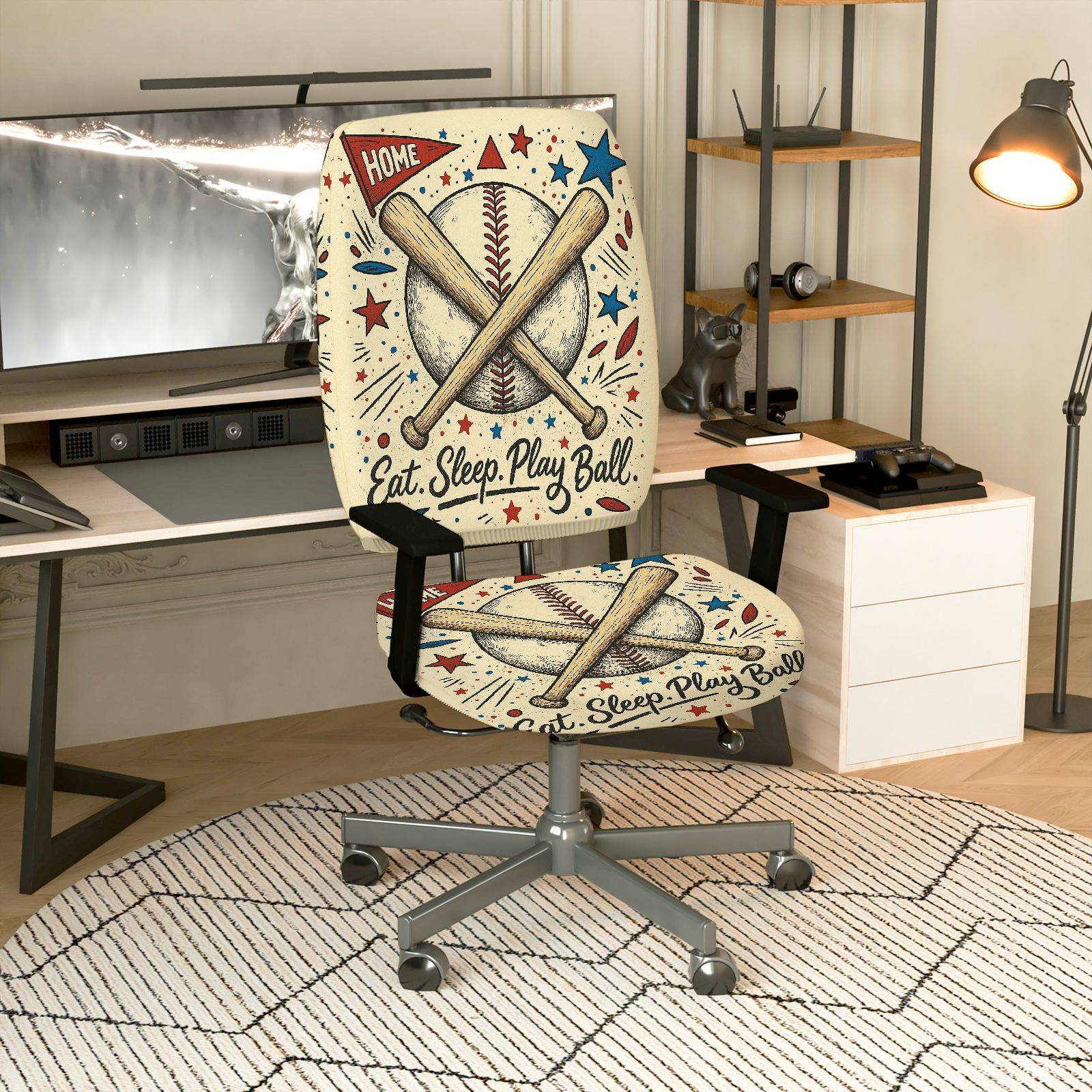 2-Piece Baseball Sports Home Vintage Decorative  Computer Chair Cover Set, Seat and Backrest