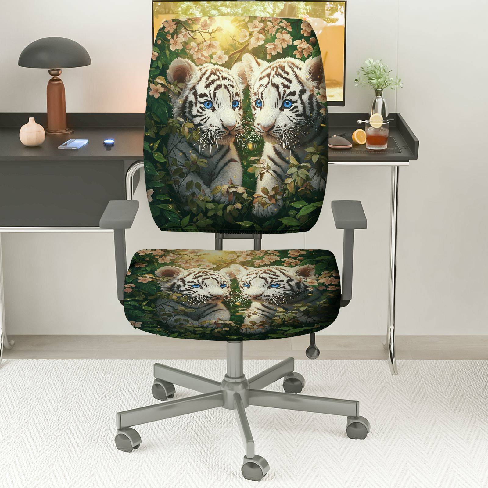 2-Piece Cute Animal Floral Nature Art Tiger  Computer Chair Cover Set, Seat and Backrest