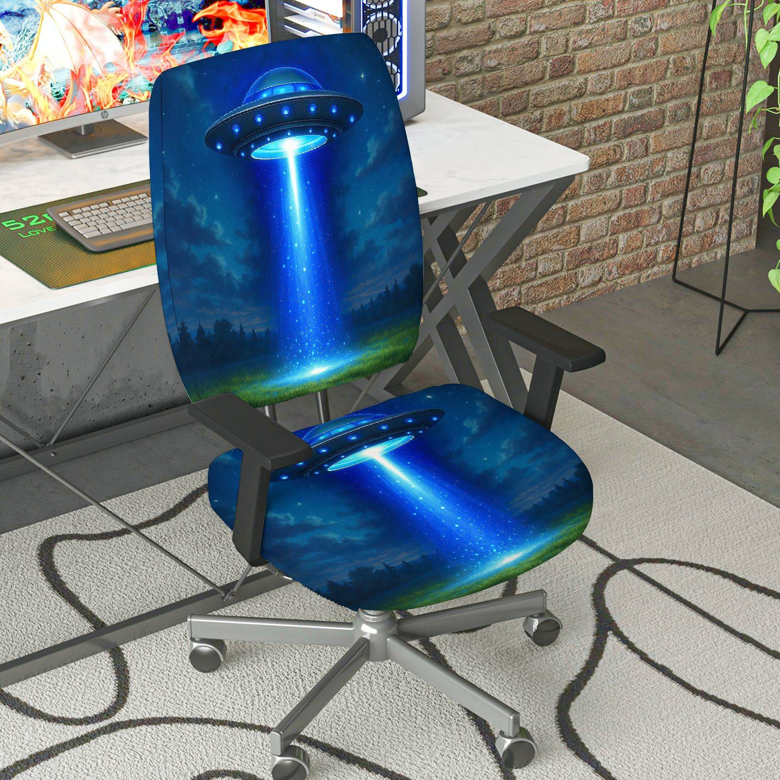 2-Piece Alien Space Galaxy Blue Sci-Fi  Computer Chair Cover Set, Seat and Backrest