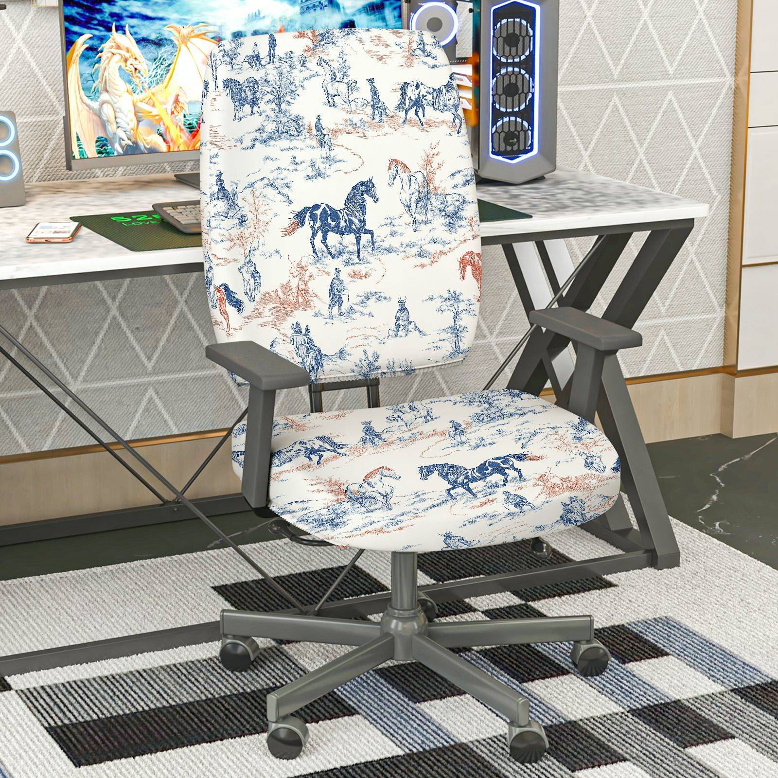 2-Piece horse pattern pastoral countryside scenery animal riding  Computer Chair Cover Set, Seat and Backrest