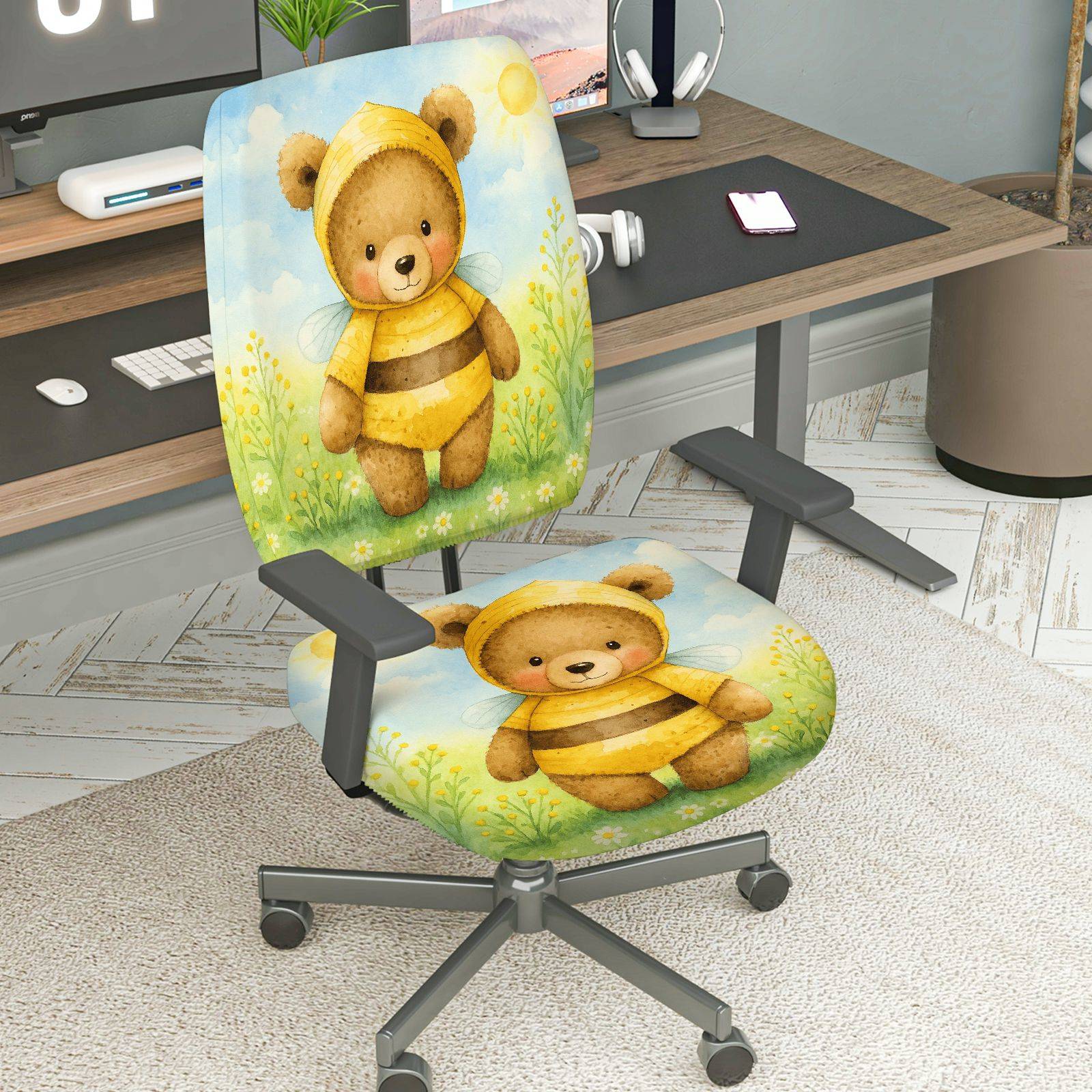 2-Piece Cute Animal Bee Spring Flora Summer  Computer Chair Cover Set, Seat and Backrest