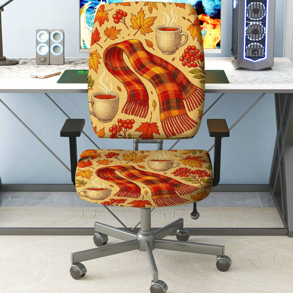 2-Piece Autumn Maple Leaves Coffee Scarf Cozy  Computer Chair Cover Set, Seat and Backrest