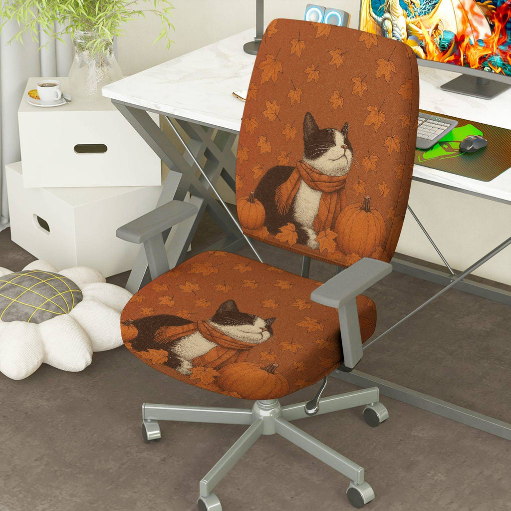 2-Piece Autumn Cat Pumpkin Leaves Thanksgiving  Computer Chair Cover Set, Seat and Backrest