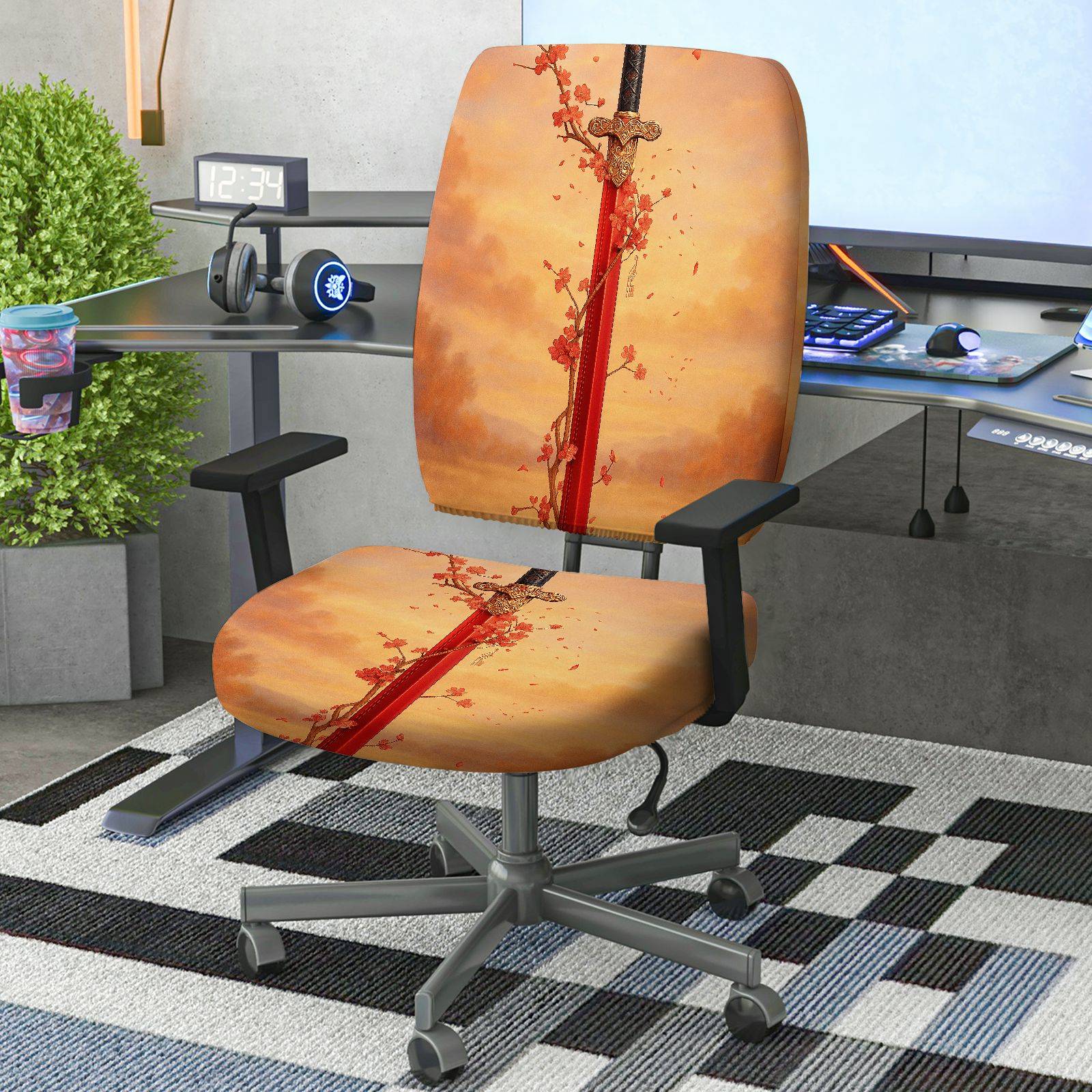 2-Piece Autumn Butterfly Zipper Floral Orange  Computer Chair Cover Set, Seat and Backrest