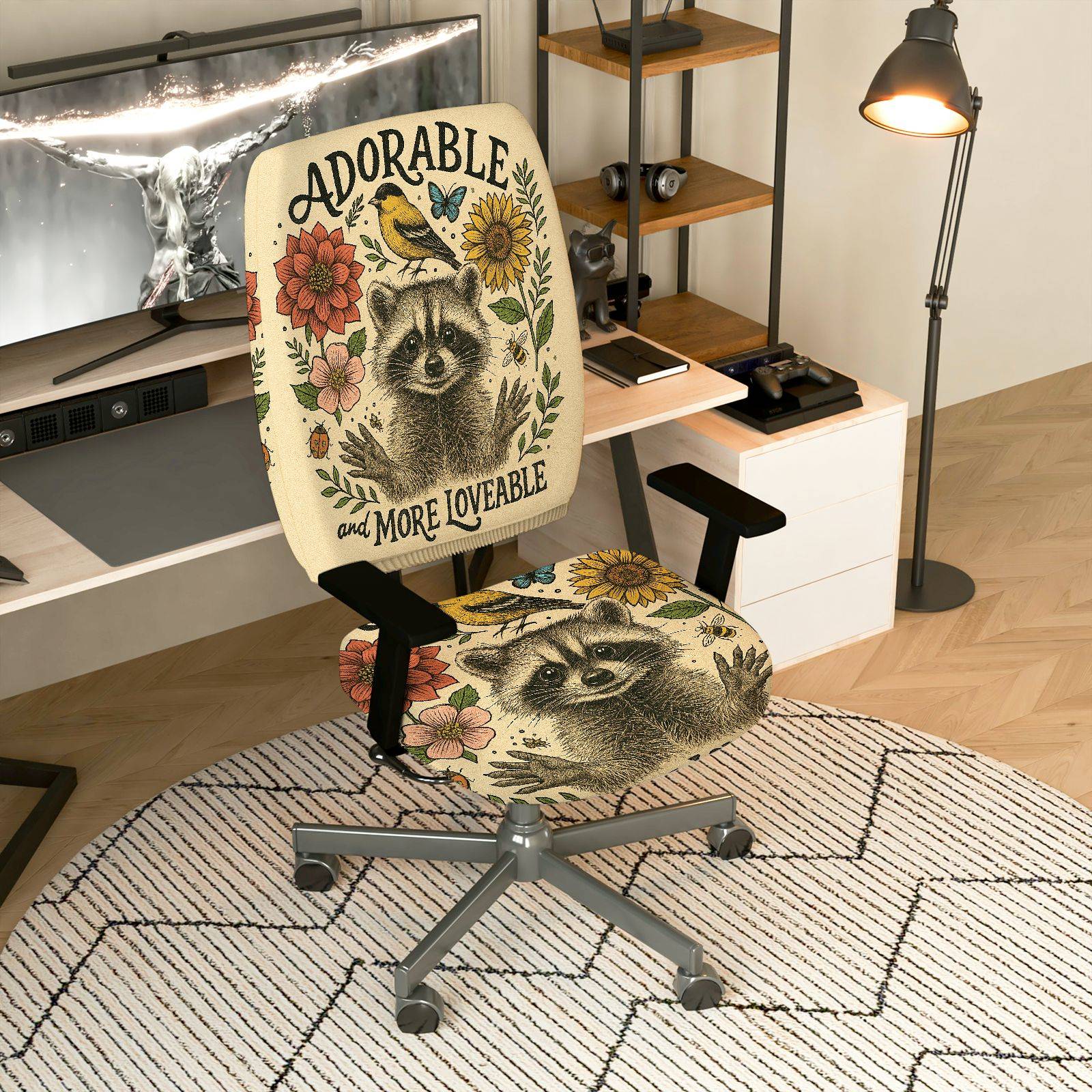 2-Piece Adorable Raccoon Floral Nature Animal  Computer Chair Cover Set, Seat and Backrest